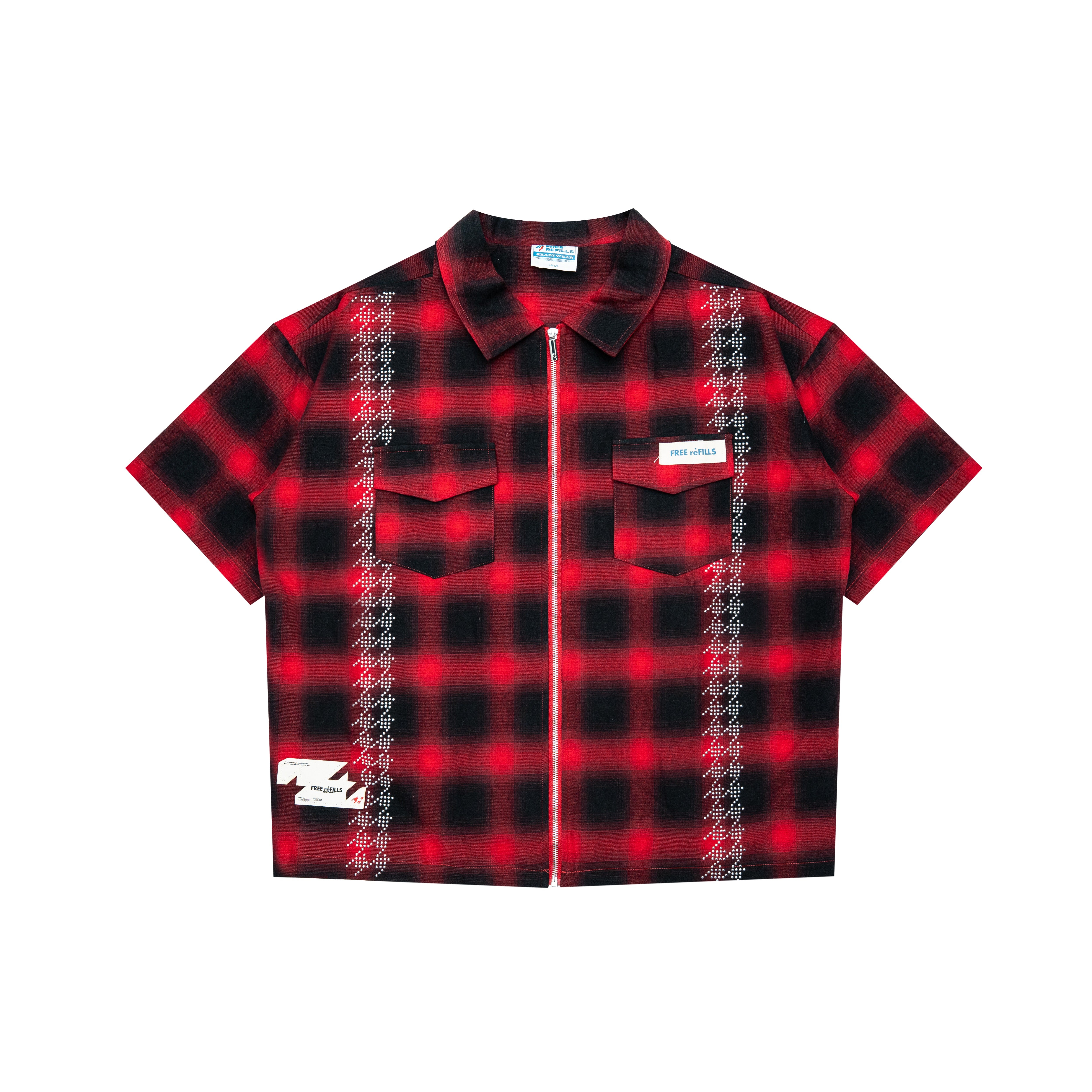 FR Studded Shadow Plaid Zip Shirt - Red
