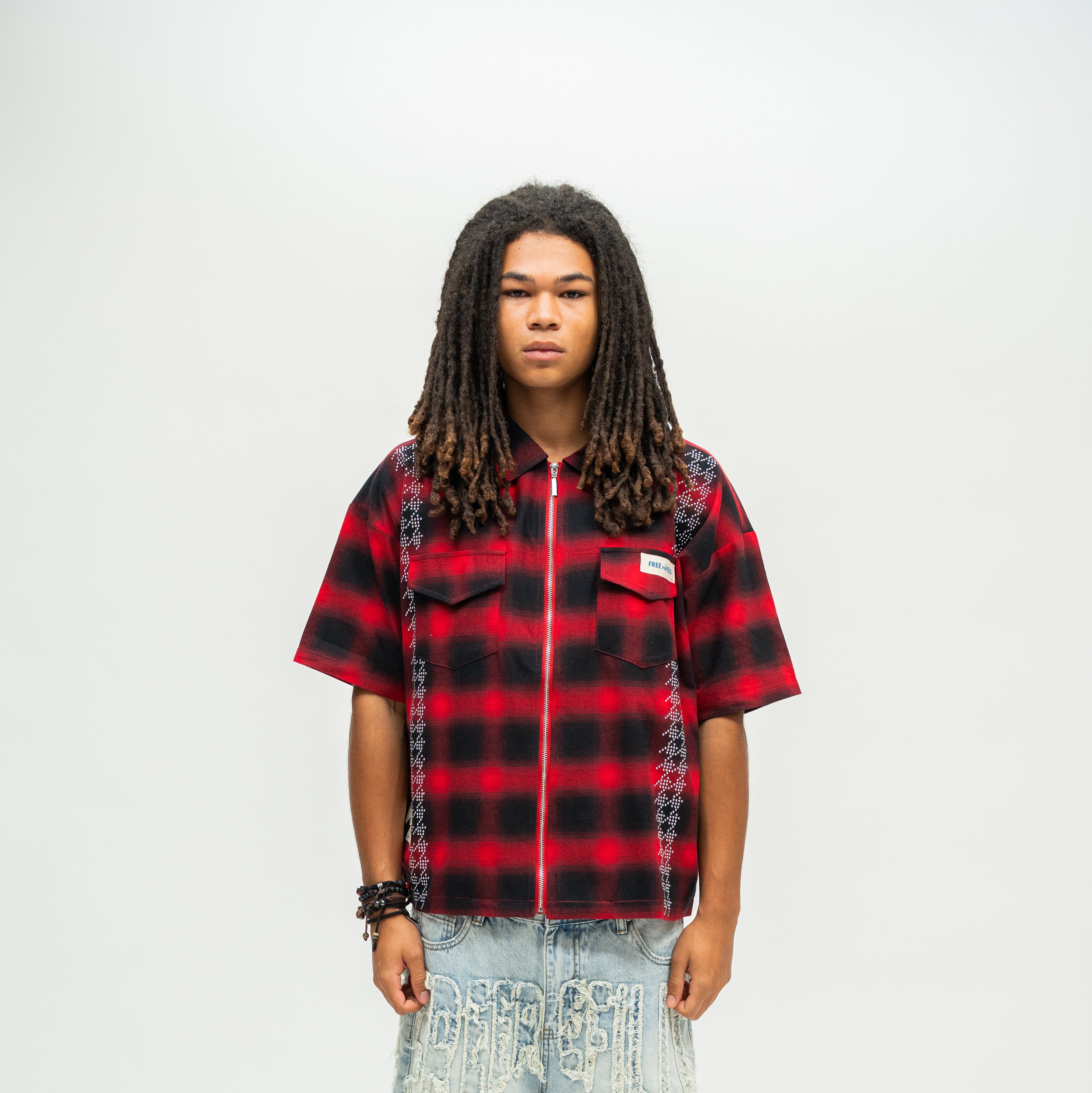FR Studded Shadow Plaid Zip Shirt - Red