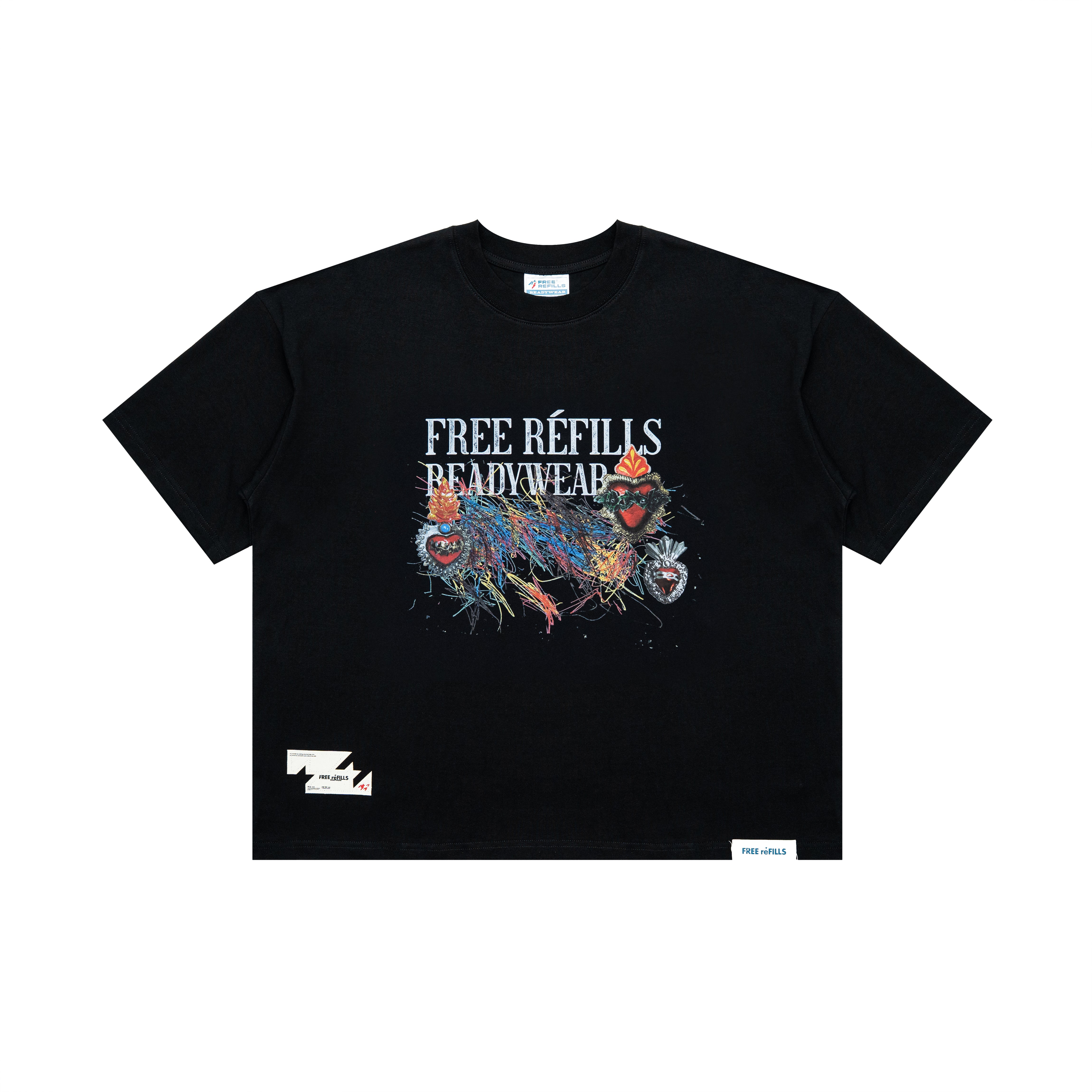 A black short-sleeve t-shirt with a colorful graphic print on the front featuring the text 'FREE REFILLS READYWEAR' and a paint-splatter style illustration. A small white logo is printed on the bottom left, and a small white tag is visible on the bottom right, against a plain white background.