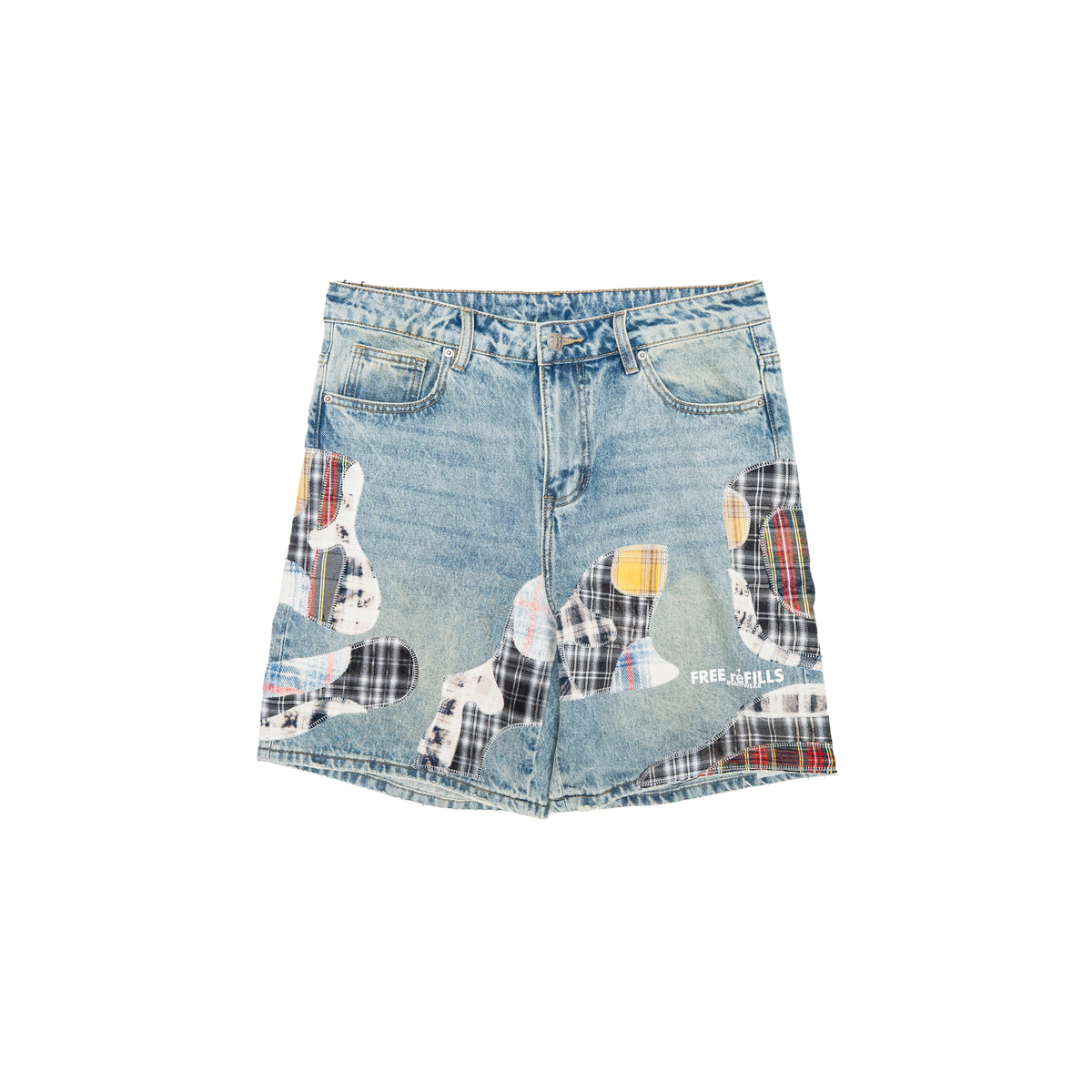 Light blue denim shorts with a patchwork design featuring camouflage and plaid patterns, shown flat on a white background.