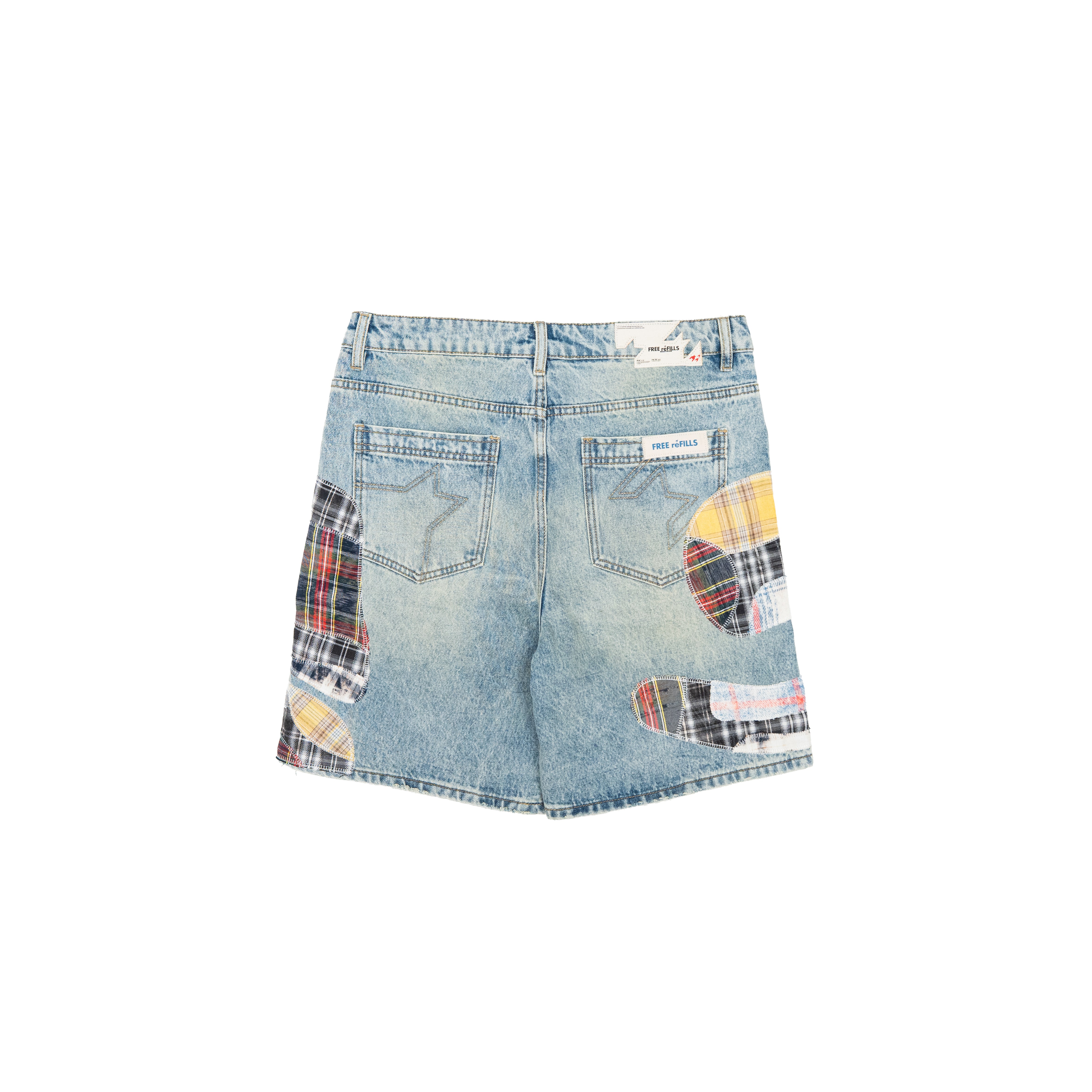 Light blue denim shorts shown from the back, featuring decorative patchwork details on the back pockets with plaid and solid fabric patches.