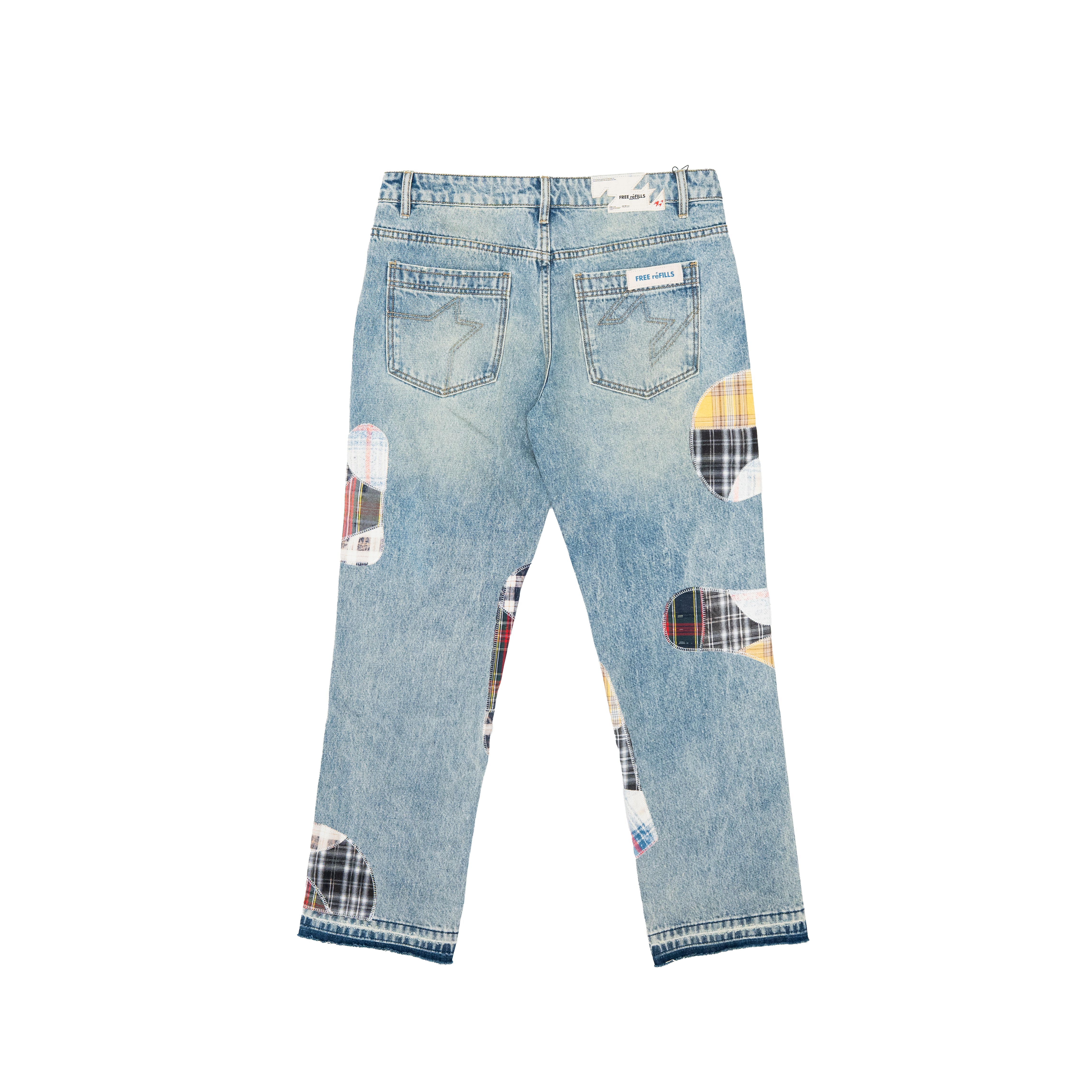 Light blue denim jeans shown from the back, featuring distressed details and colorful plaid patchwork accents on the pockets and lower legs.