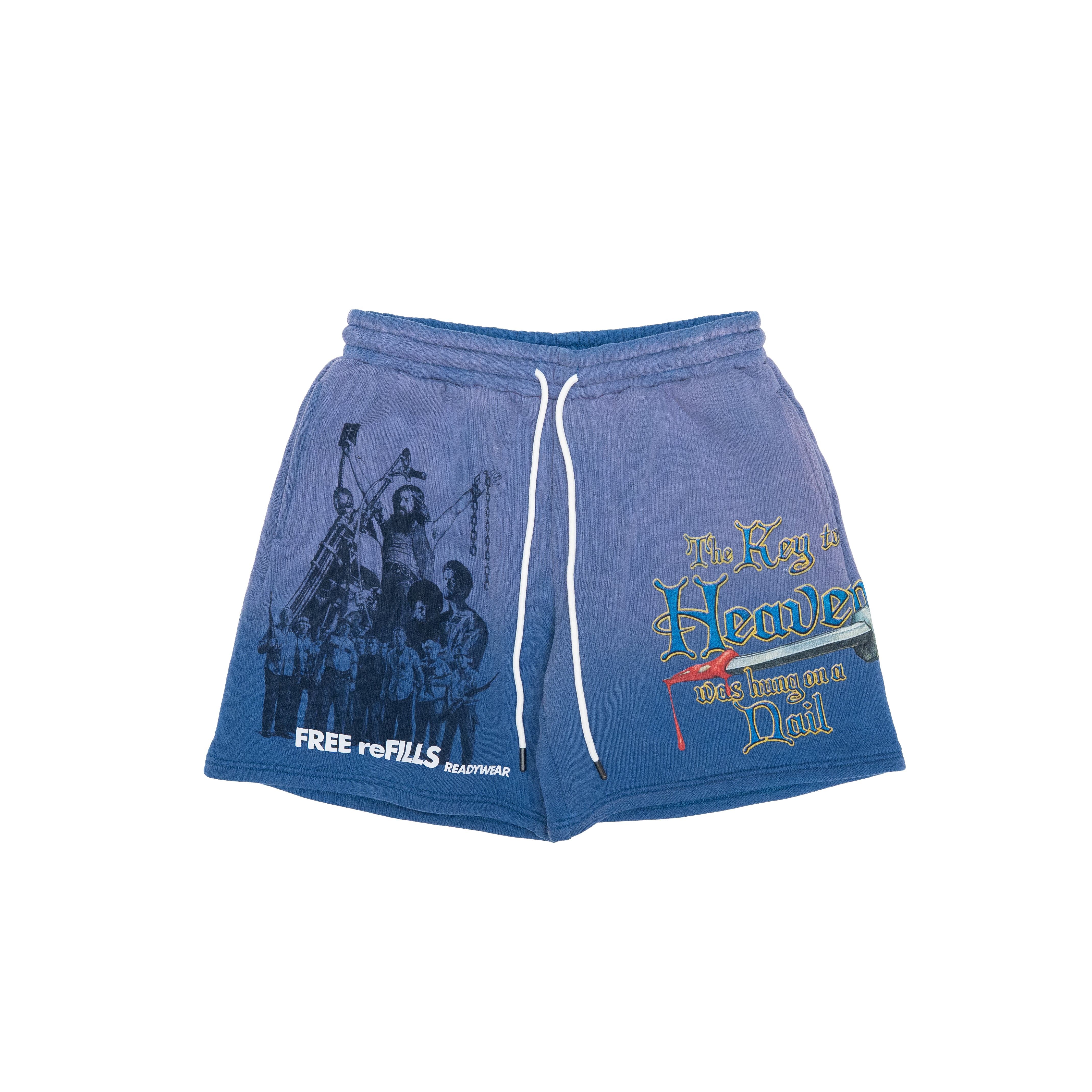 Blue graphic sweat shorts with white drawstrings, featuring a black print of a religious scene on the left leg and colorful text on the right leg reading 'The Key to Heaven' and 'FREE REFILLS READYWEAR"