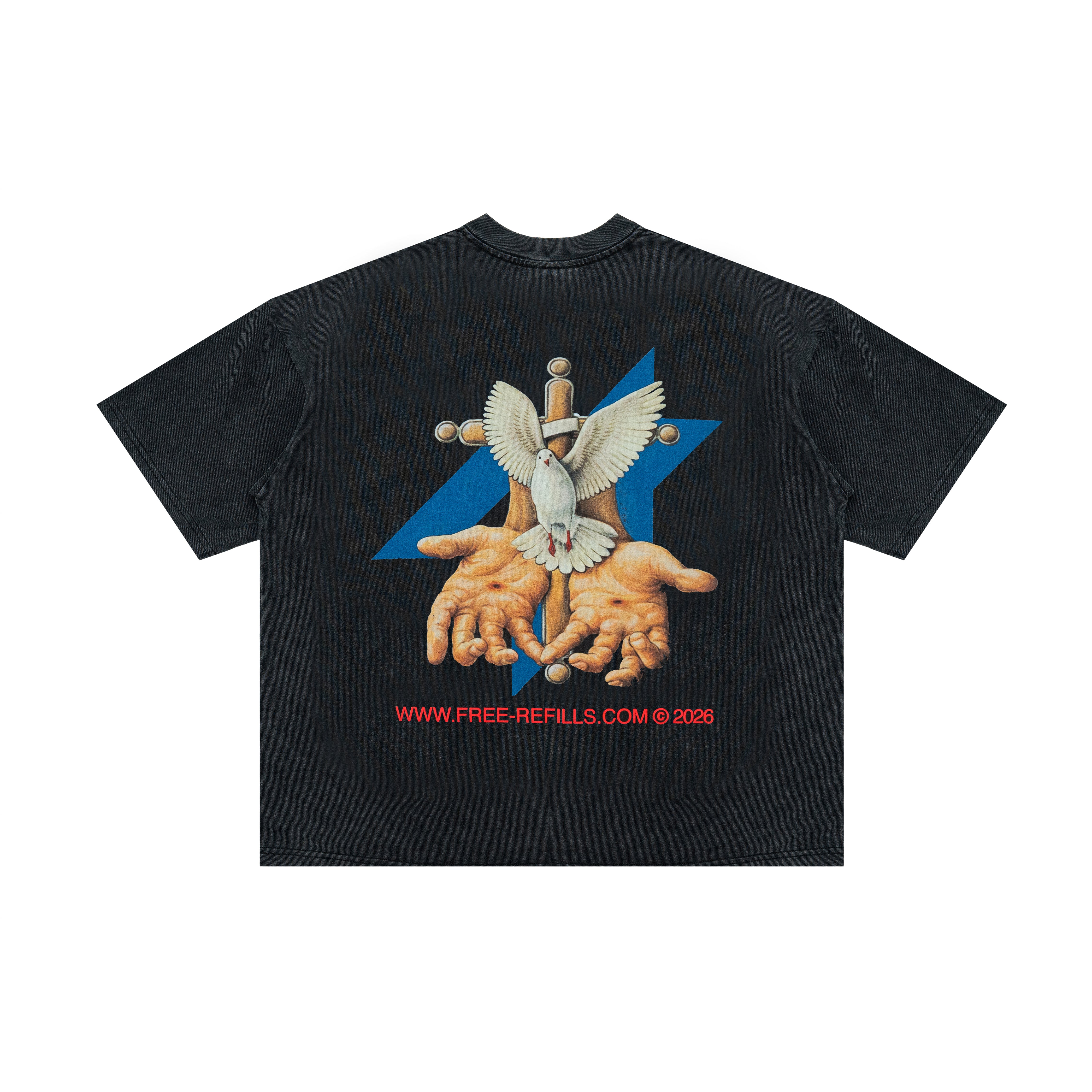A black short-sleeve t-shirt with a large graphic print on the back. The graphic features a white dove resting on a wooden cross held by two hands, set against a blue star shape.