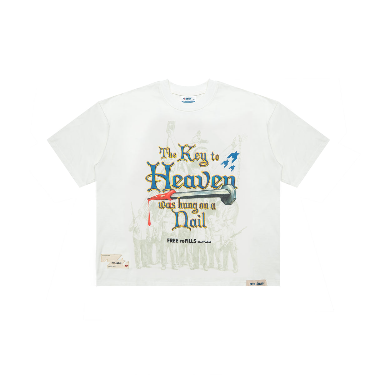 A white short-sleeve t-shirt featuring a graphic print on the front with the text 'The Key to Heaven was hung on a Nail' in blue, gold, and red lettering, accompanied by a large key illustration and a faint silhouette of a crowd. The brand 'FREE REFILLS' is printed below the graphic.