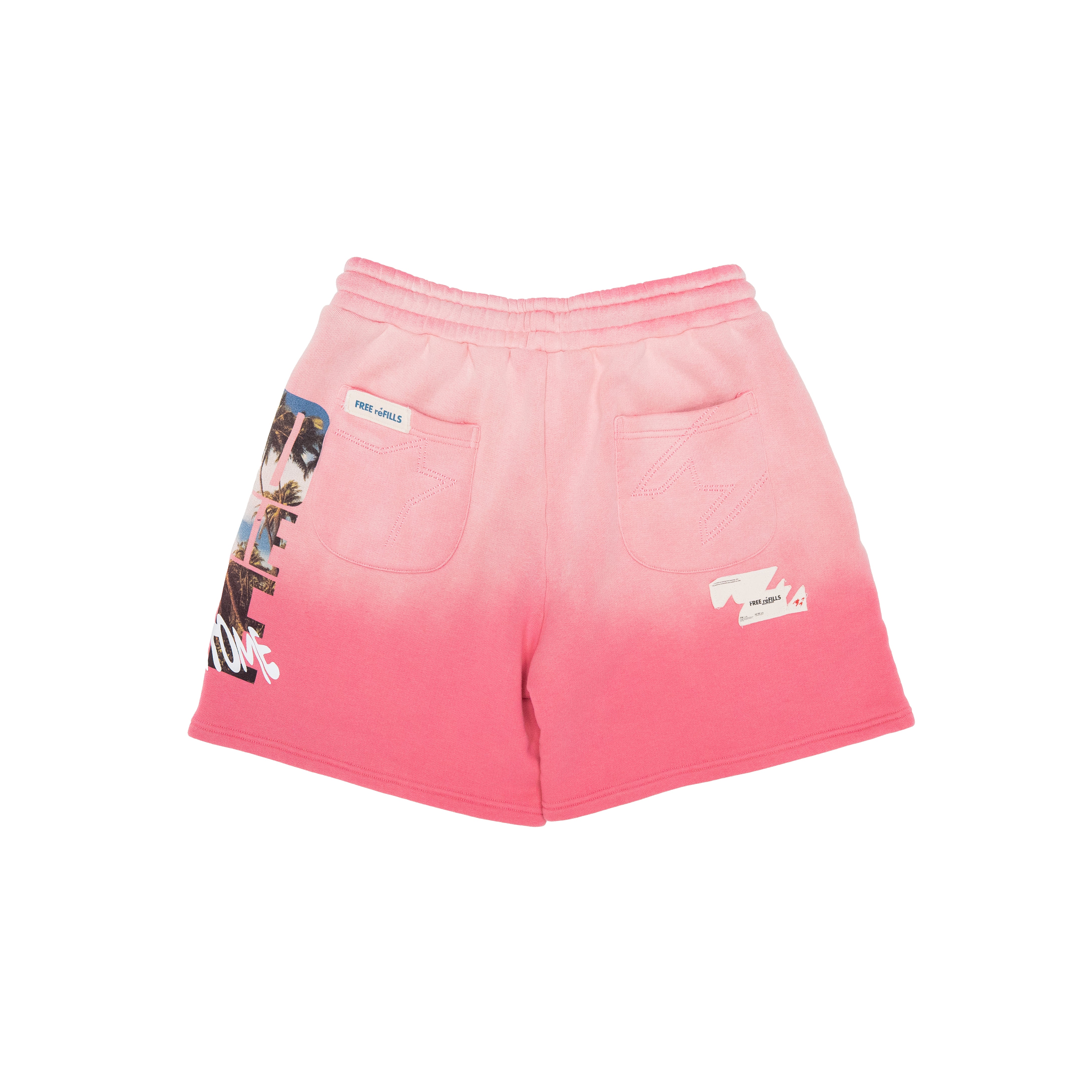 Pink gradient sweat shorts with a photo collage print on the left leg, featuring two back pockets and a small white brand tag on the right pocket.