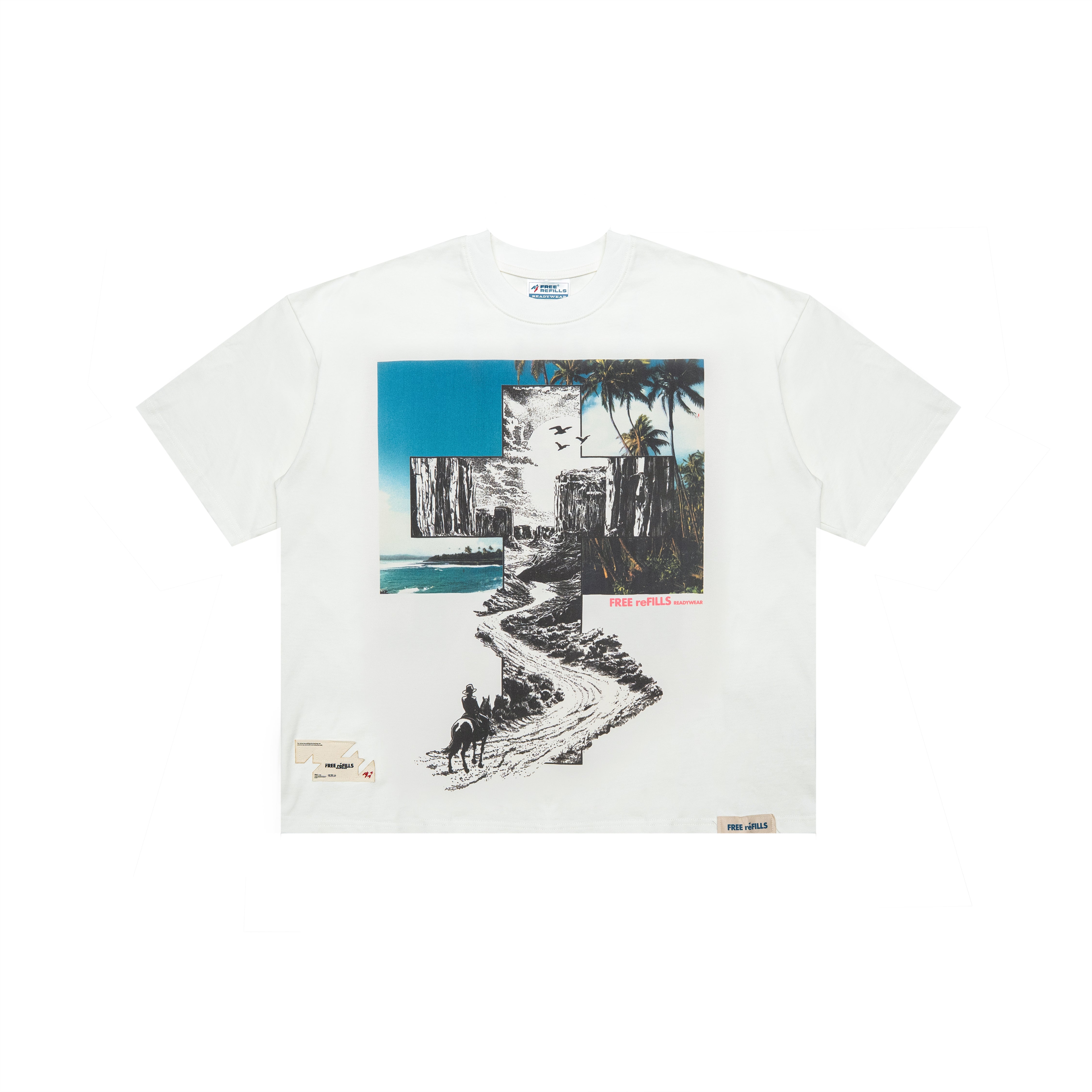 A white short-sleeve t-shirt with a large graphic print on the front. The graphic features a collage of images including a blue sky, a tropical beach scene with palm trees, a winding dirt road, and silhouettes of people riding horses.