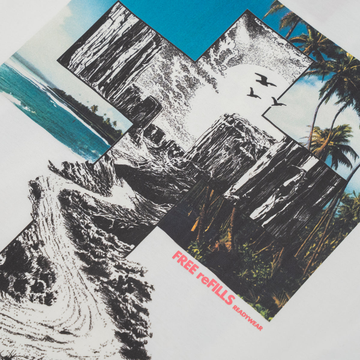 A close-up of a graphic print or patch featuring a collage of tropical beach and mountain scenes in black, white, and blue, with red text reading 'FREE refILLS' and smaller 'READYWEAR' near the bottom.