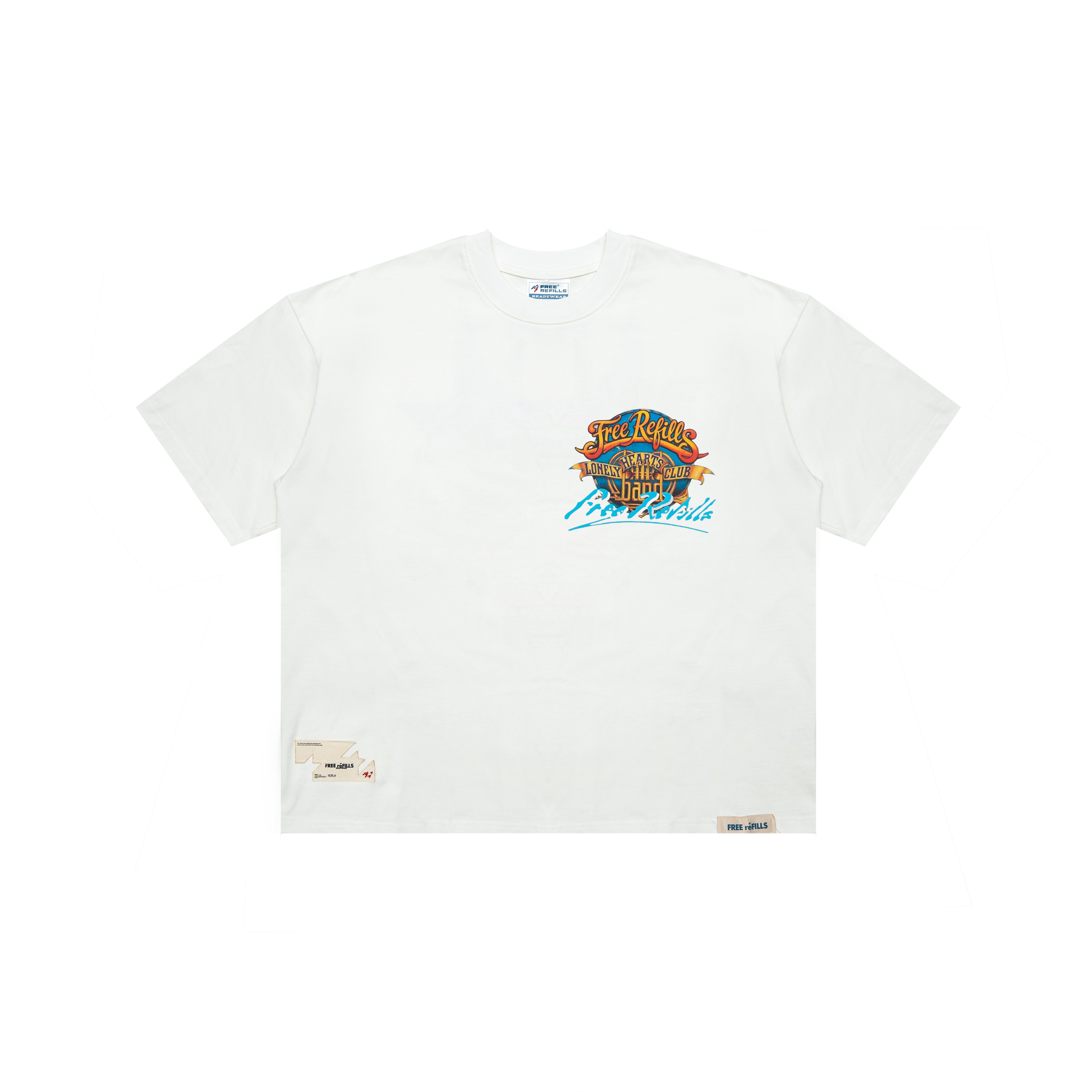 An off-white short-sleeve t-shirt with a colorful graphic on the left chest reading 'The Lonely Hearts Club' and 'Los Angeles' in blue script, displayed flat against a white background.