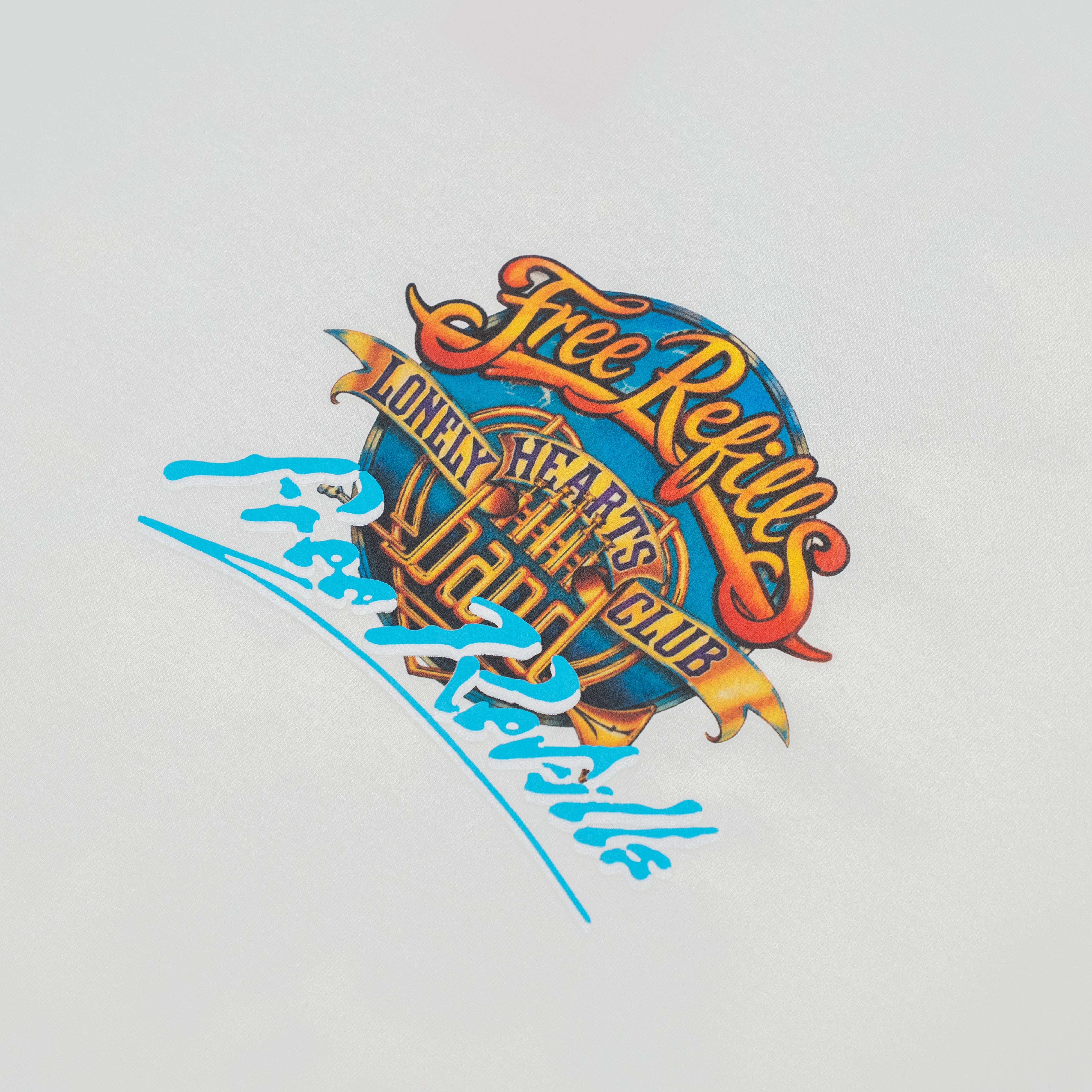 A colorful graphic print featuring a blue globe with the words 'Loner Hearts Club 2025' and 'Free Refills' in orange script, above blue water waves, on a light gray background.