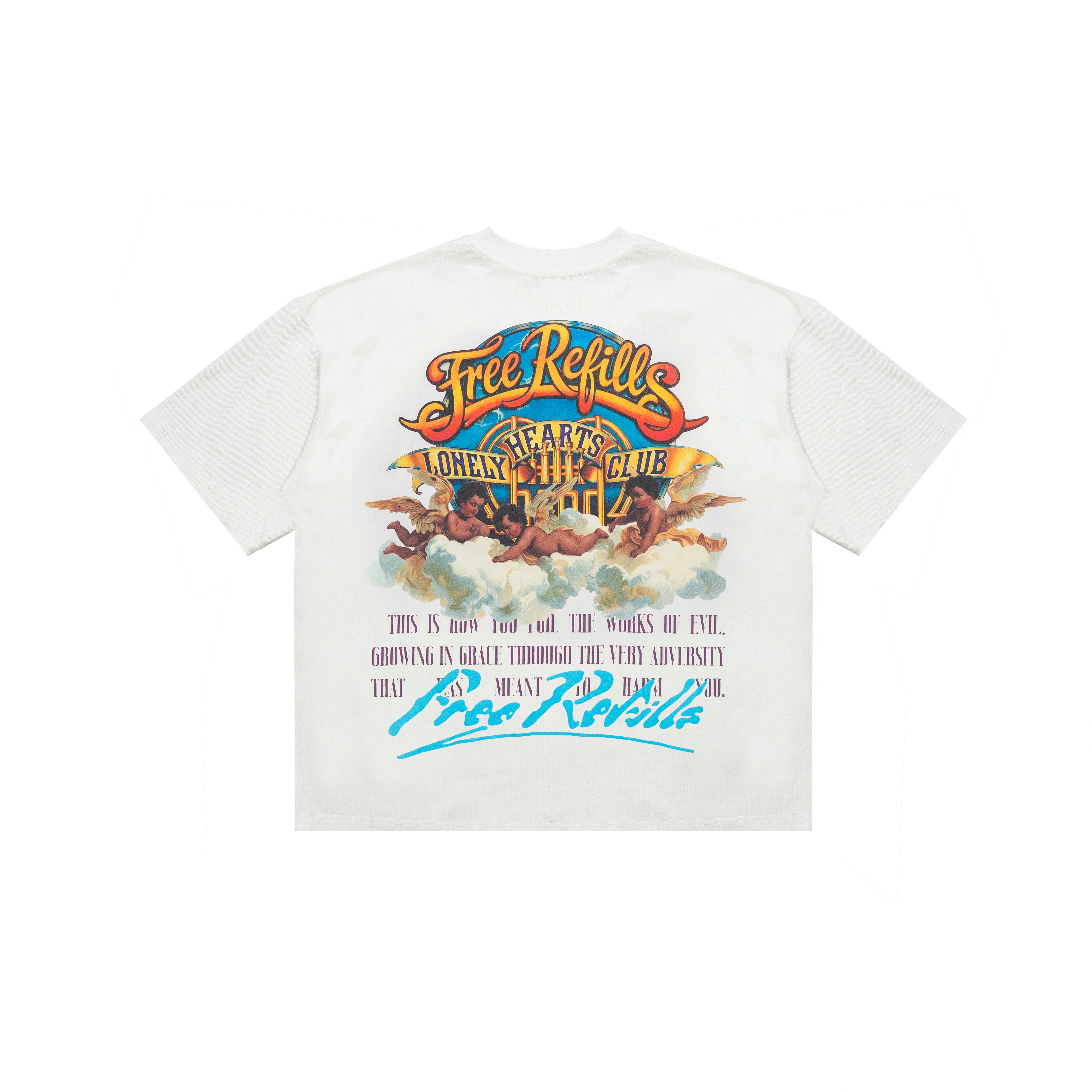 A white short-sleeve t-shirt with a large, colorful graphic print on the back. The graphic features the text 'Free Refills' in a wavy orange font, 'Lonely Hearts Club' in yellow, and a classical painting of winged figures, with 'FREE Refills' written in blue cursive at the bottom.
