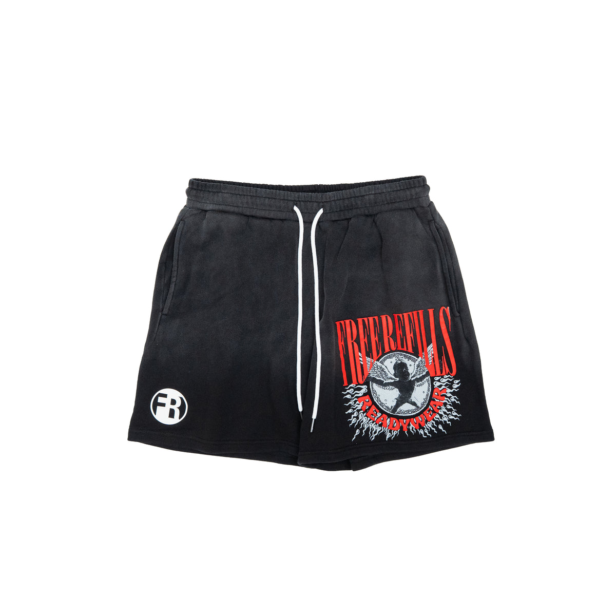 Black shorts with a white drawstring, featuring a red and white graphic print on the right leg and a white circular logo on the left leg, shown against a plain white background.