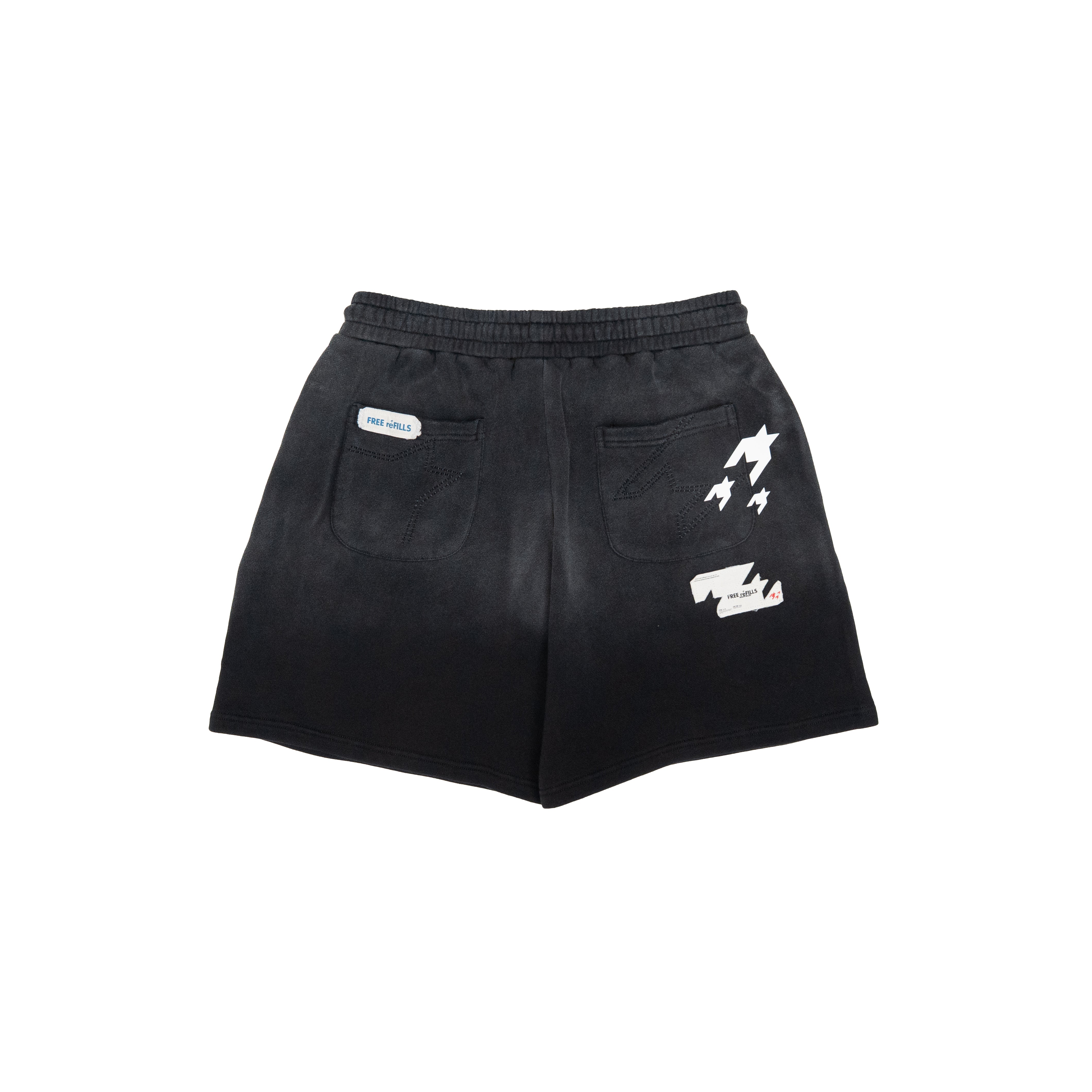 Black washed denim shorts with a white graphic print on the right leg and a small white brand patch on the left pocket, shown against a plain white background.