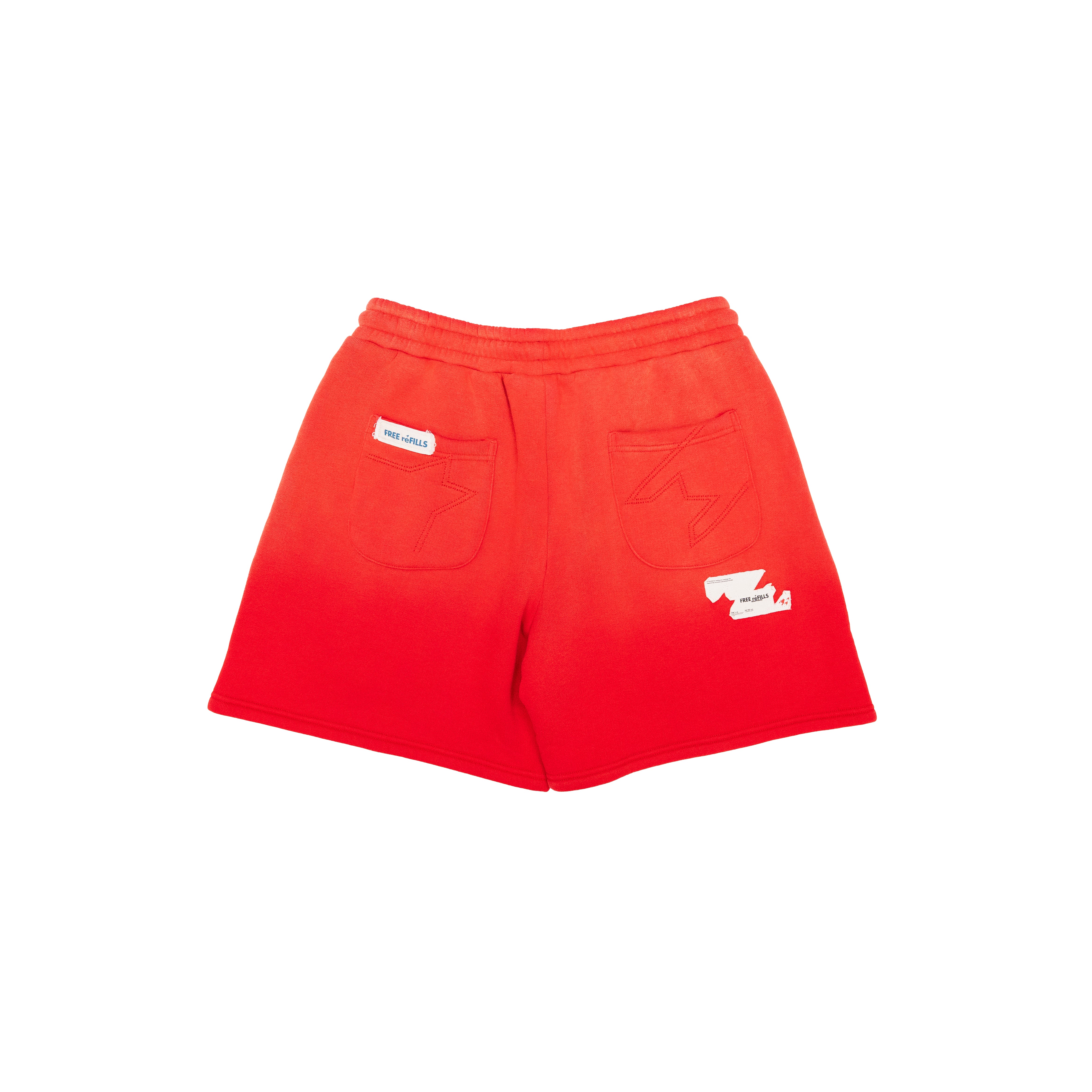 Red gradient sweat shorts with white embroidered logos on the back pocket and side, shown against a plain white background.