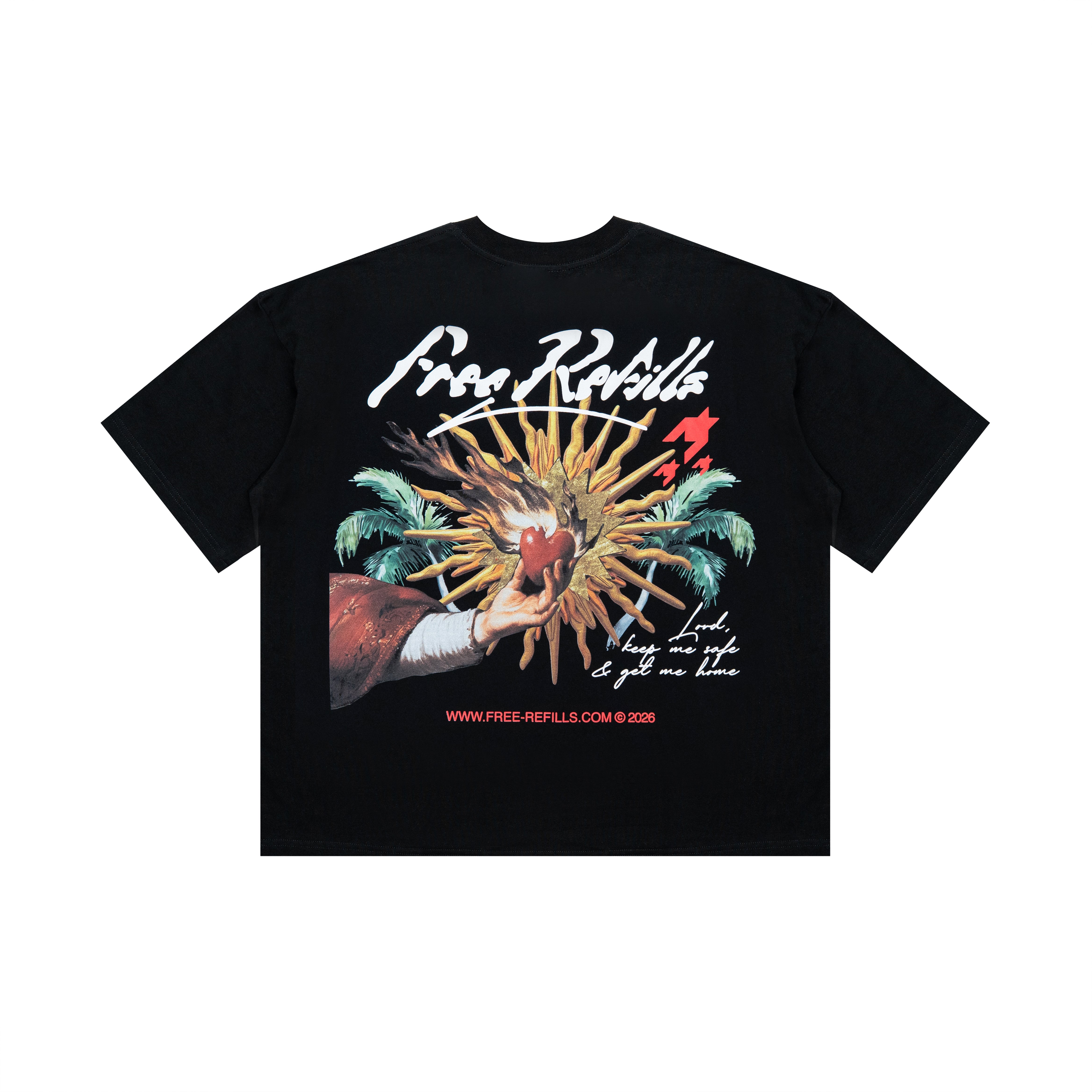 A black short-sleeve t-shirt with a large graphic print on the front. The graphic features the text 'Free Refills' in white script, a red heart, a hand holding a red heart, green palm trees, and a red star, with additional text and a website URL at the bottom.