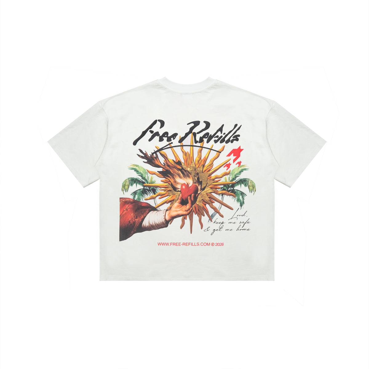 A white short-sleeve t-shirt with a large graphic print on the front. The graphic features the text 'Free Refills' in black script, a red heart, a red bird, green palm trees, and a hand holding a sunburst, with the website 'WWW.