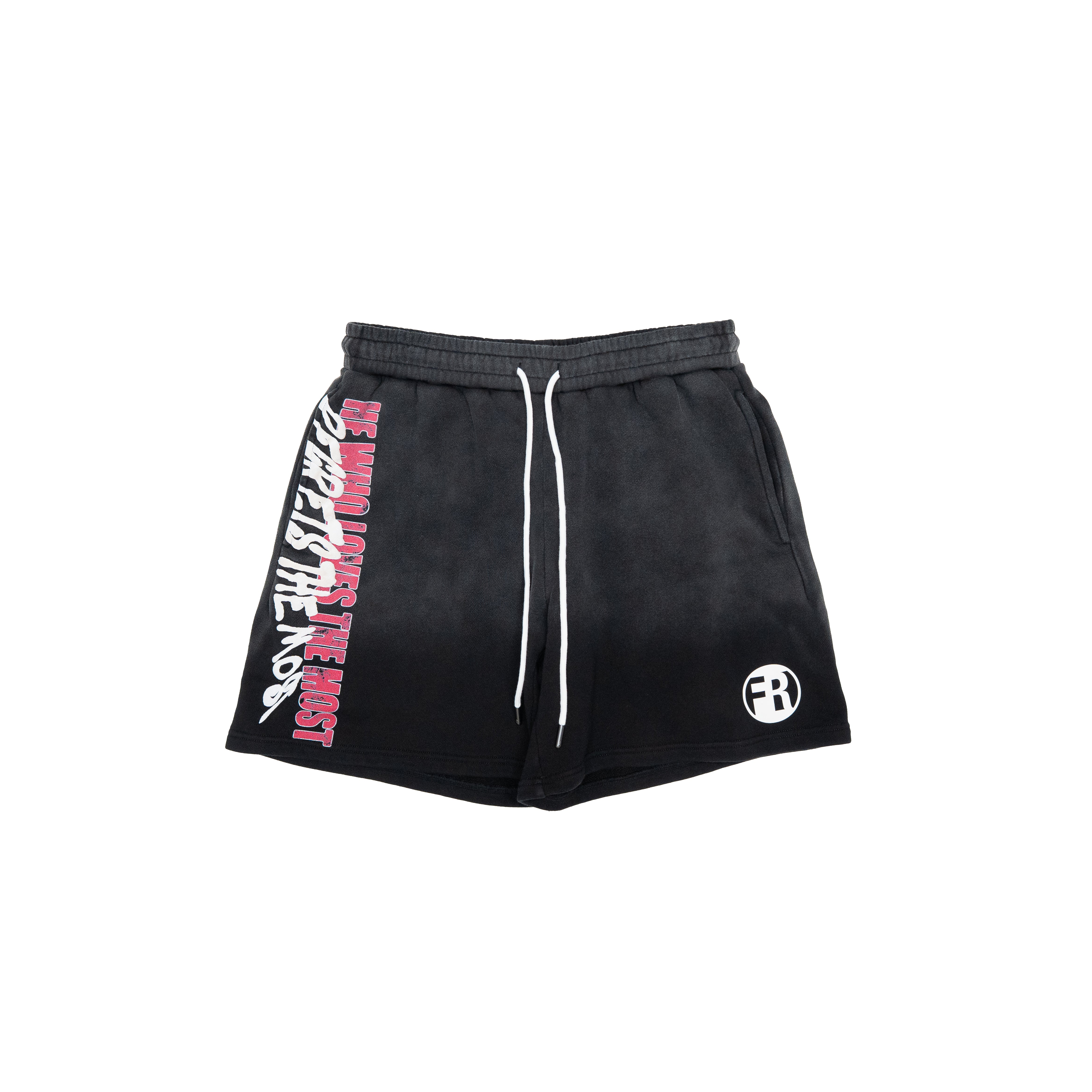 Black athletic shorts with a white drawstring, featuring a pink and white graphic print on the left leg and a white circular logo on the right leg, shown against a plain white background.