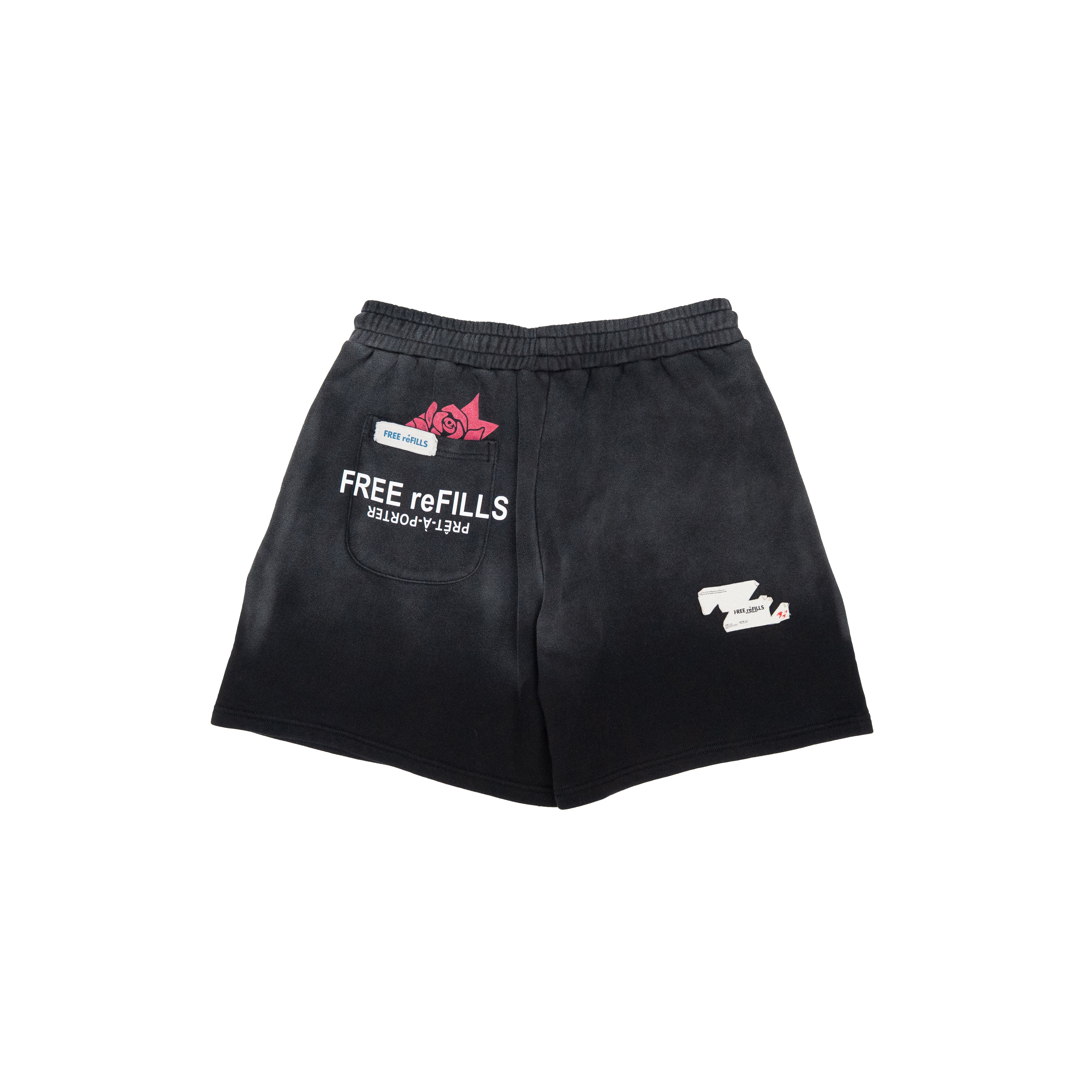 Black athletic shorts with white and red printed graphics, featuring a front pocket with 'FREE refILLS' text and a white logo on the left leg, shown against a plain white background.