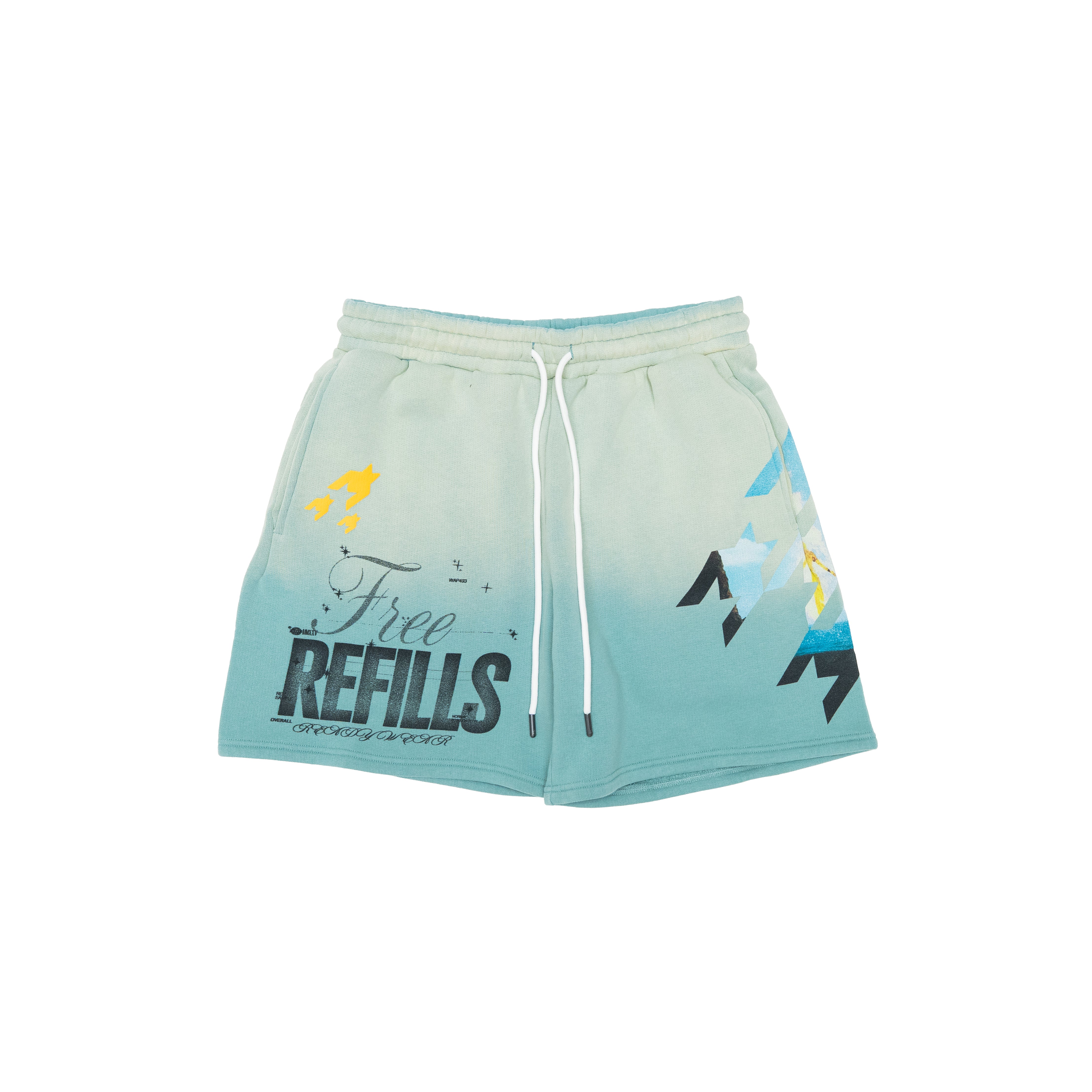 A pair of light blue and mint green gradient athletic shorts with a white drawstring, featuring 'Free REFILLS' text and mountain graphics on a white background.