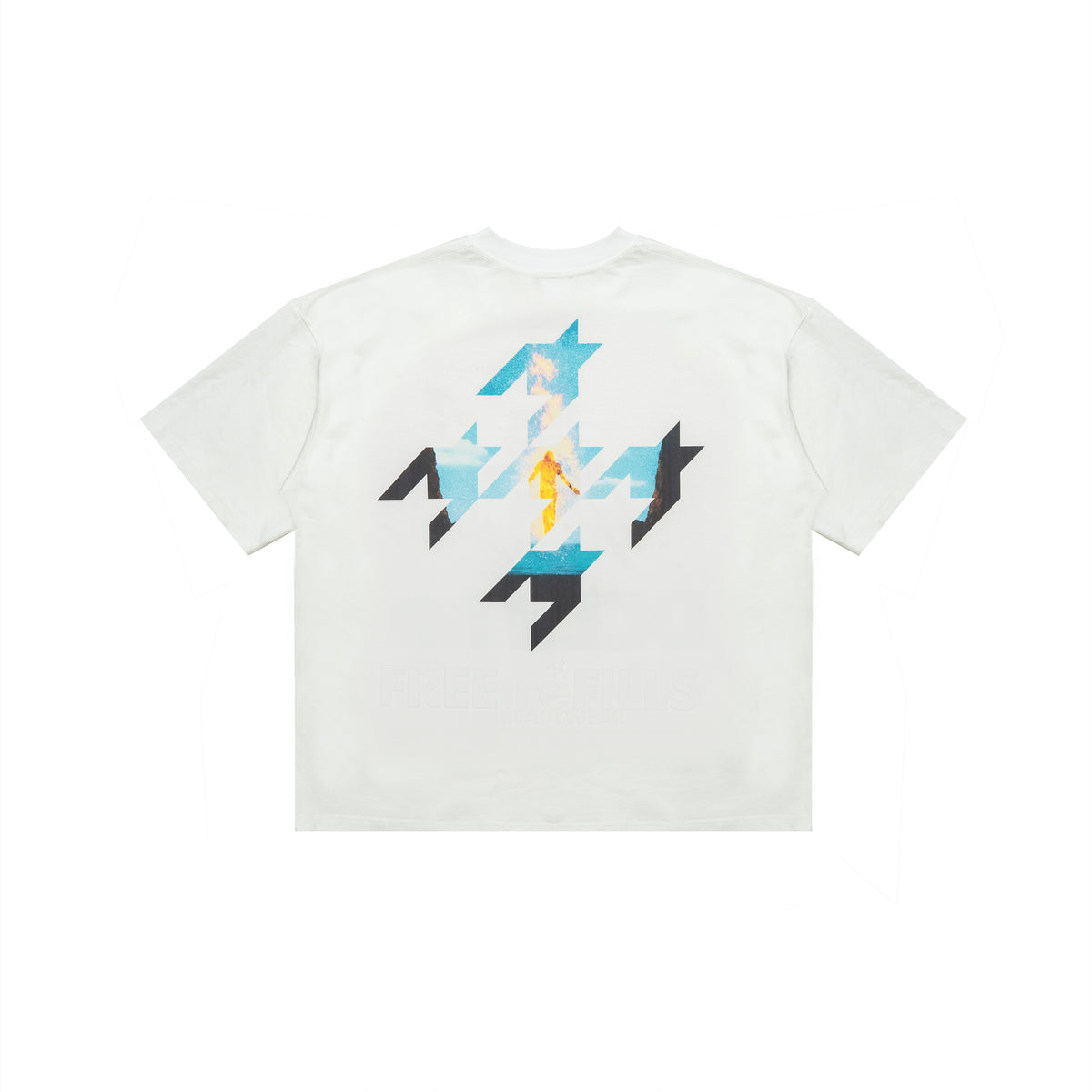 A white short-sleeve t-shirt shown flat against a white background, featuring a large graphic print on the back with geometric shapes in blue, black, and a small yellow figure.