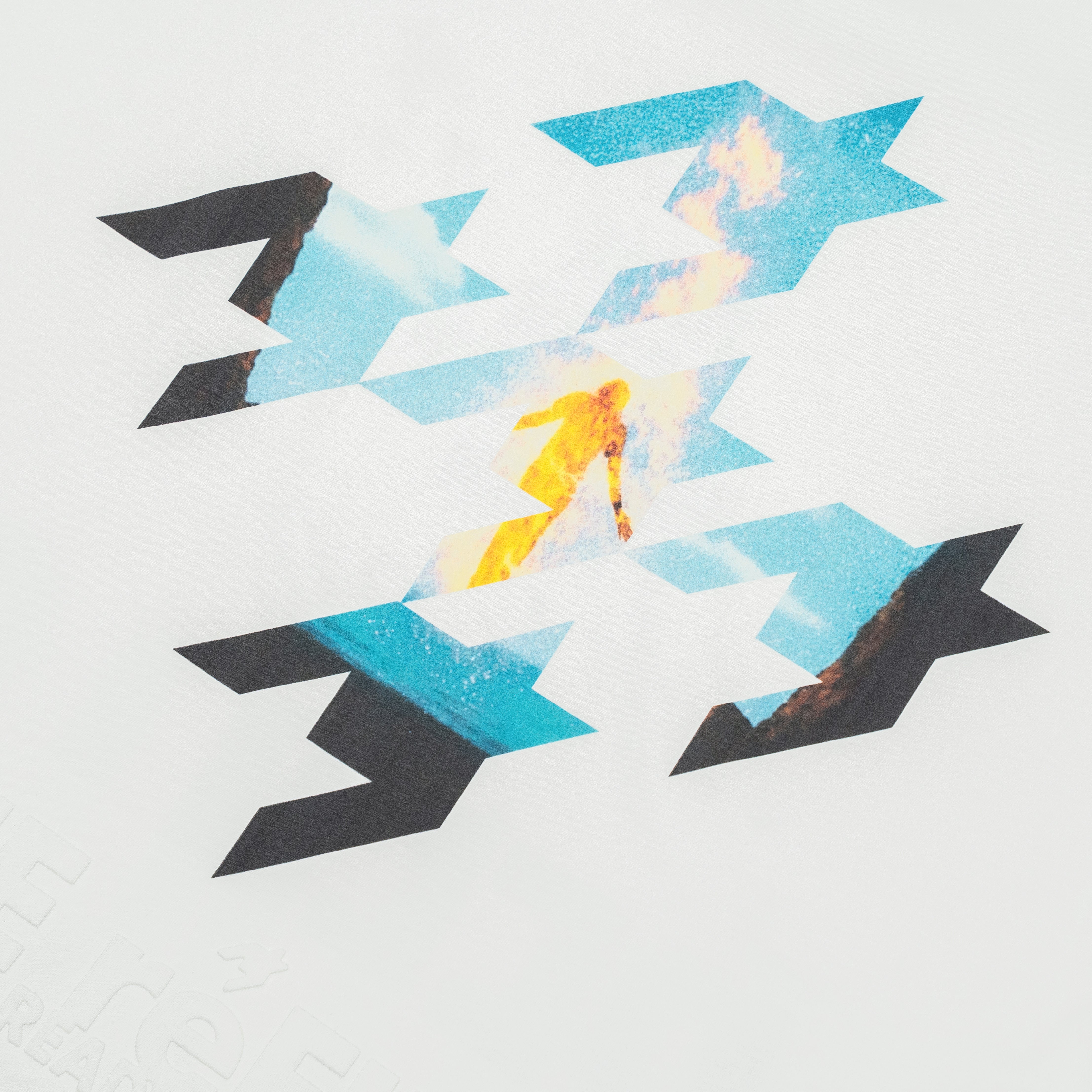 A square art print or graphic design on a white background, featuring a central yellow figure surrounded by layered blue star-like shapes with black and rocky accents.