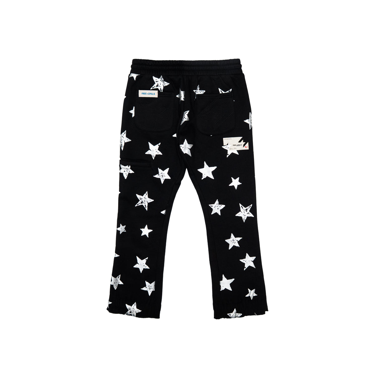 Black pants with a white star print pattern, featuring a drawstring waistband and a small brand patch on the left thigh.