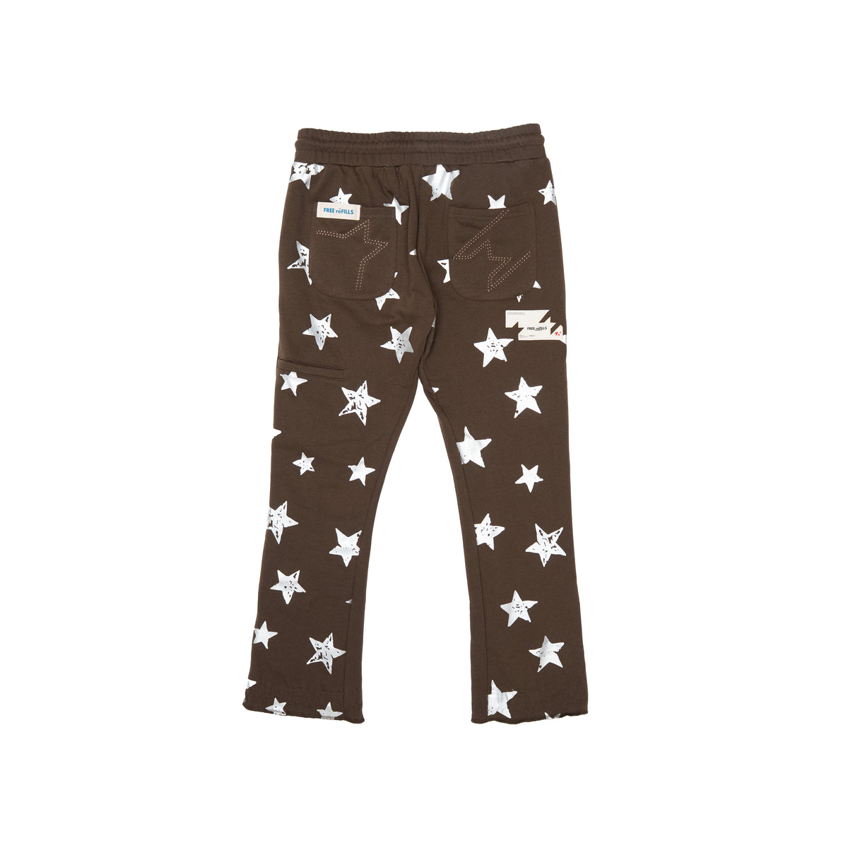 A pair of dark brown sweatpants with an all-over white star pattern, featuring an elastic waistband and back pockets, shown against a plain white background.