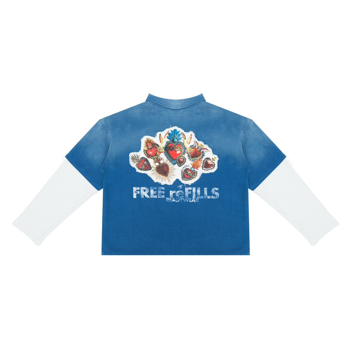 A blue long-sleeve t-shirt with a white crew neck, featuring a graphic of colorful religious medals and the text 'FREE refills' on the back.