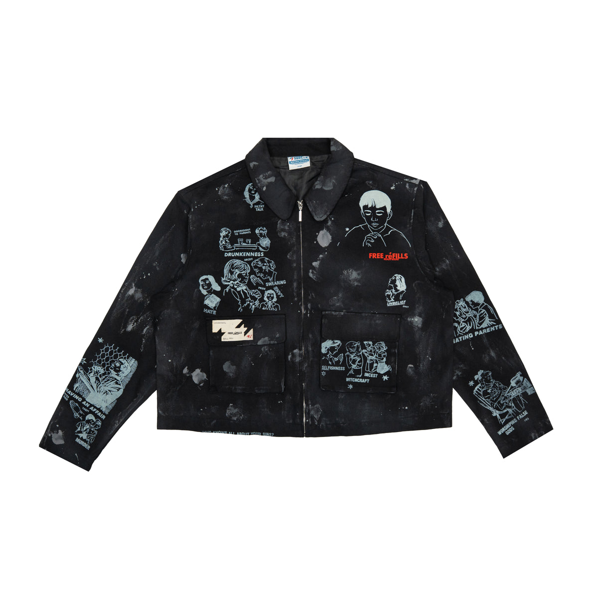 Miracle Jacket – Black – Front flat lay showing illustrated graphics, red chest branding, and two flap pockets.