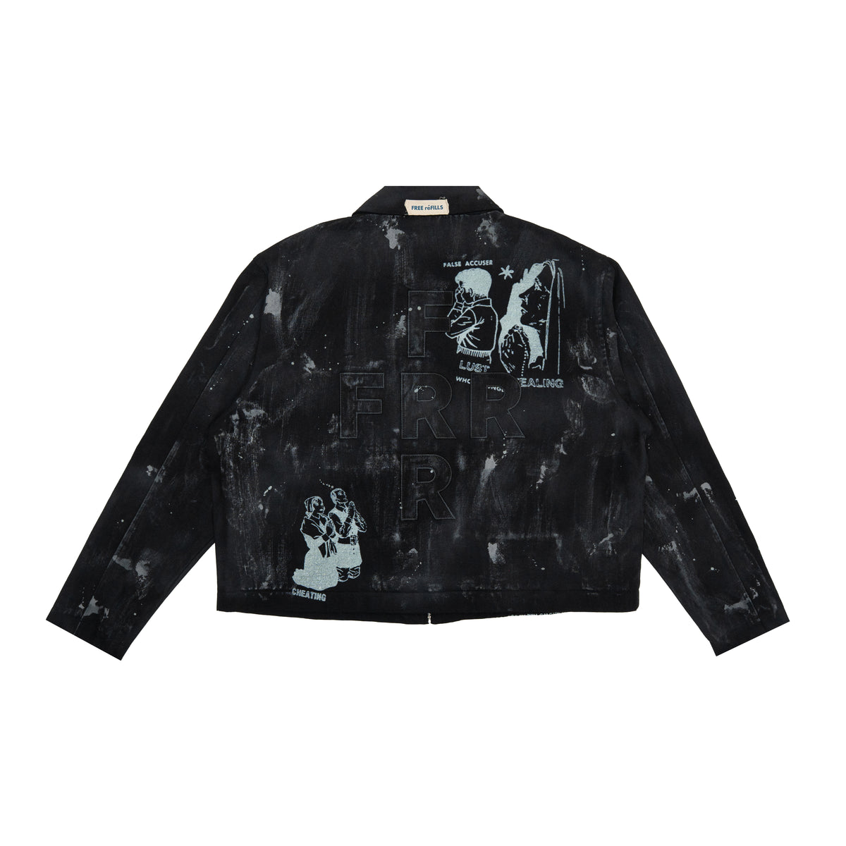Miracle Jacket – Black – Back flat lay showing tonal lettering and scattered illustrated graphics.