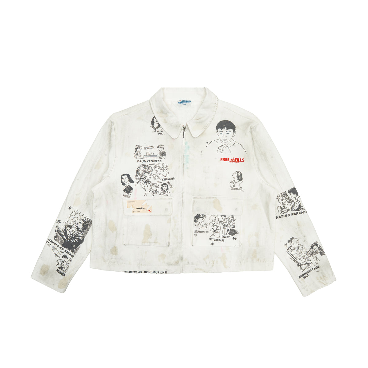 Miracle Jacket – Off White – Front flat lay showing zip closure, illustrated graphics, and flap pockets