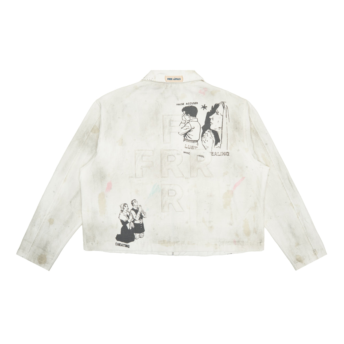 Miracle Jacket – Off White – Back flat lay showing tonal FRR lettering and illustrated graphics