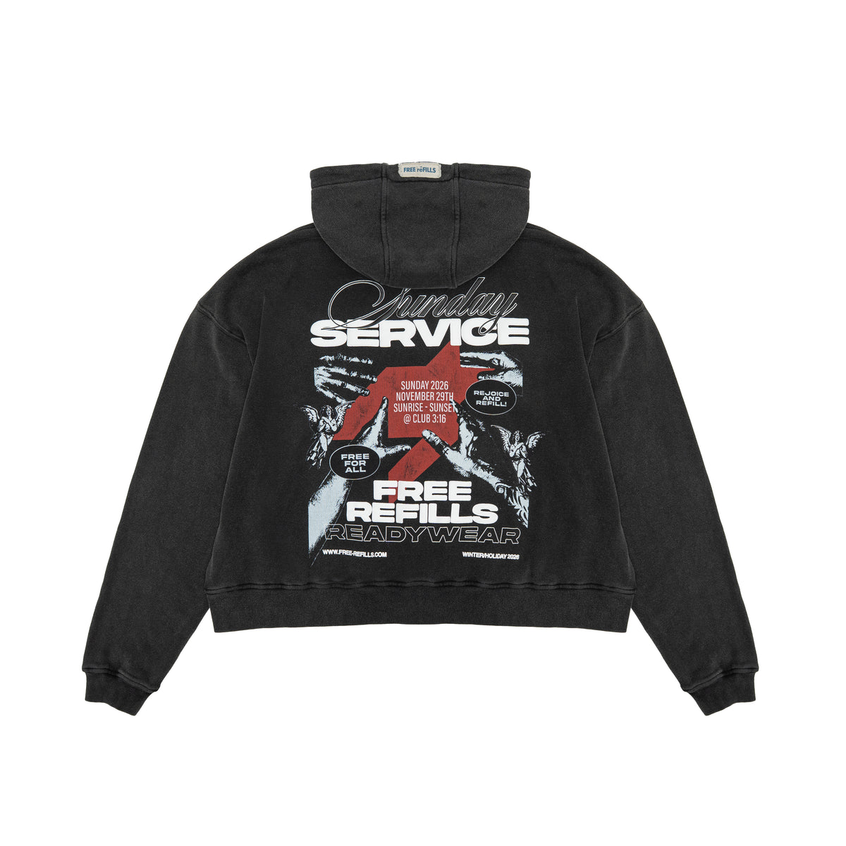 Sunday Service Hoodie – Black – Back flat lay showing Sunday Service lettering, hands and cherub graphics