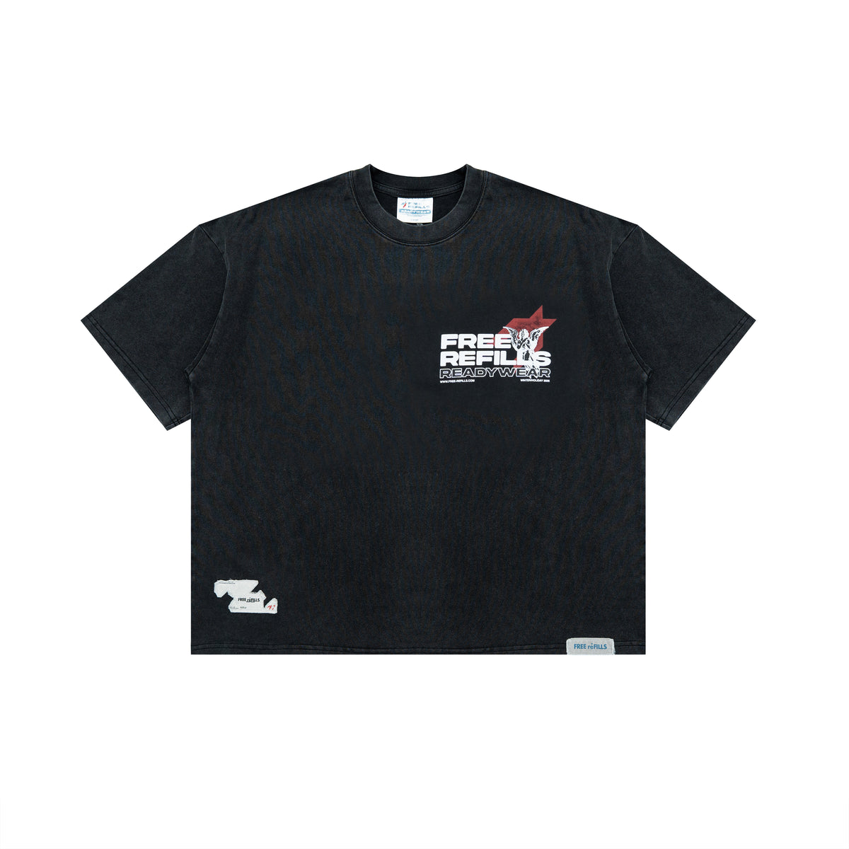 Sunday Service Tee – Black – Front flat lay showing chest graphic and hem labels