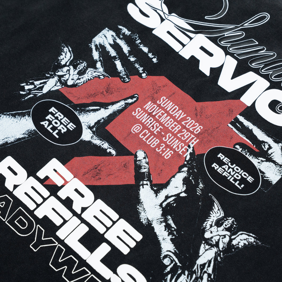 Sunday Service Tee – Black – Close-up of Sunday Service back print with hands, cherubs and red graphic
