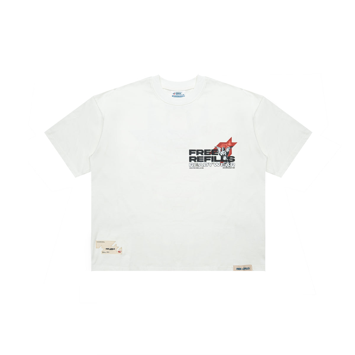 Sunday Service Tee – Cream – Front flat lay showing chest graphic and hem labels