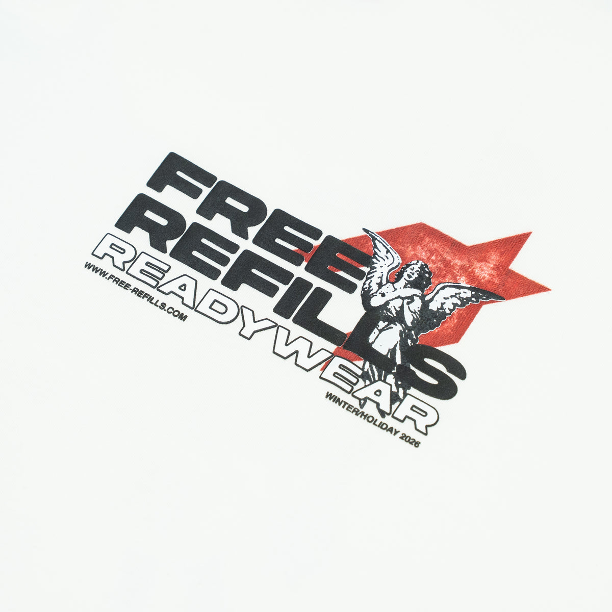 Sunday Service Tee – Cream – Close-up of FREE ReFILLS chest lettering and cherub over red graphic