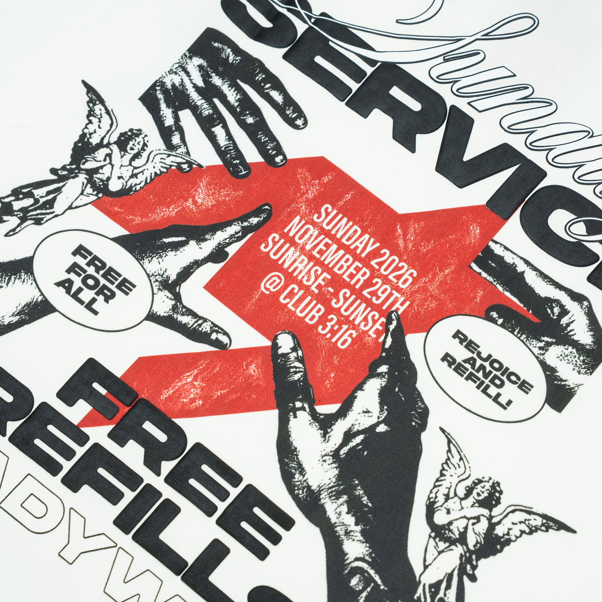 Sunday Service Tee – Cream – Close-up of Sunday Service back print with hands, cherubs and red graphic