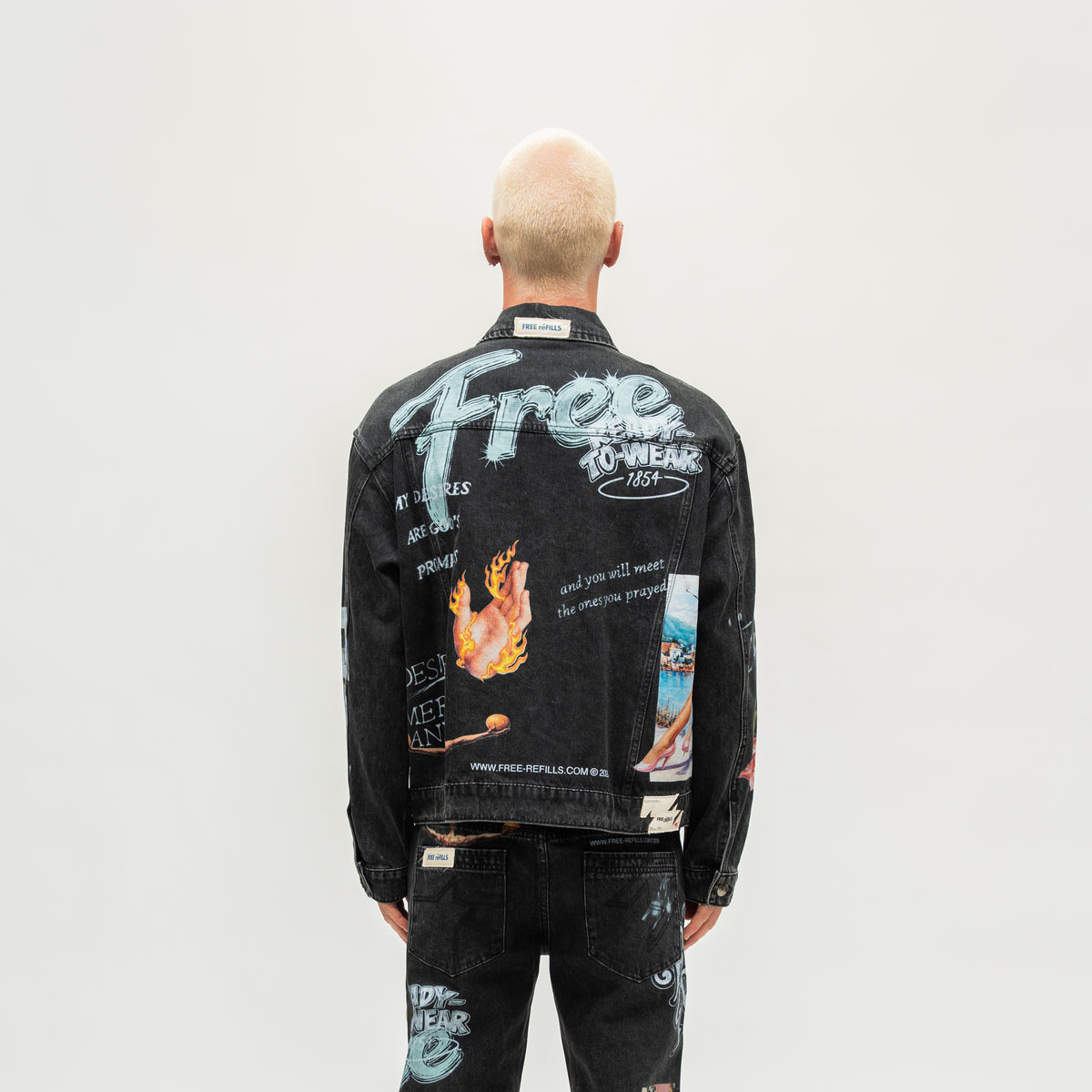 The Powder Room Jacket – Black – Back view on model showing large Free lettering and collage graphics