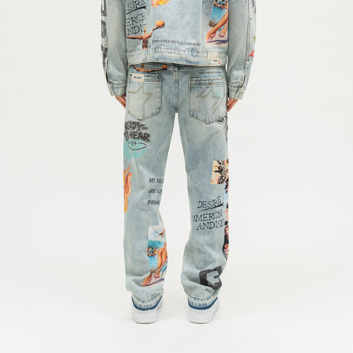 The Powder Room Jeans – Blue – Back view on model showing stitched patch pockets and collage prints