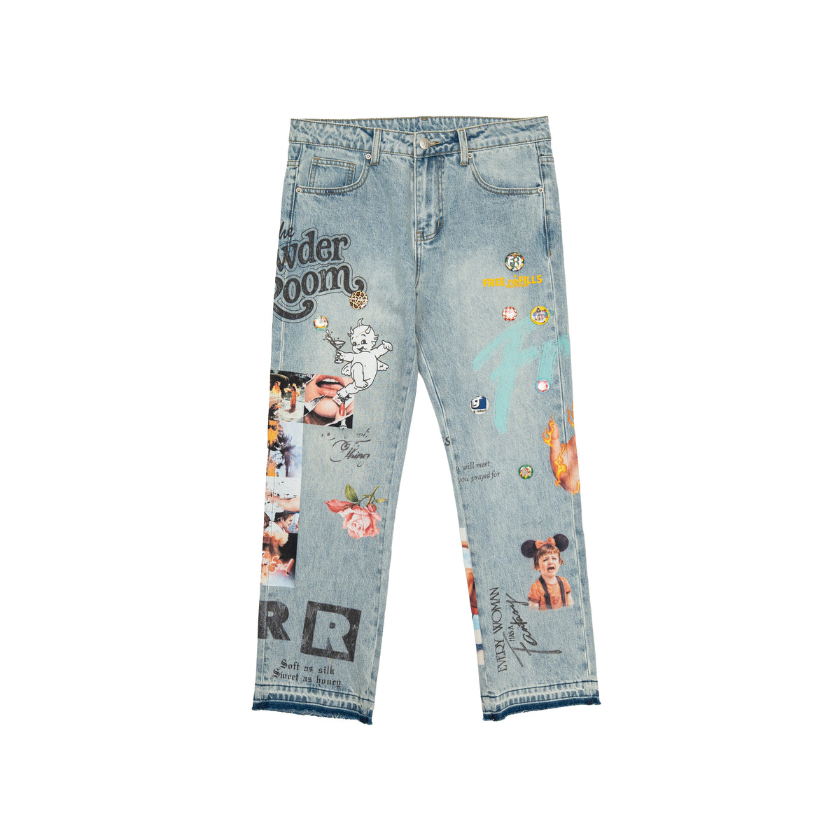 The Powder Room Jeans – Blue – Front flat lay showing collage graphics, decorative pins and straight legs