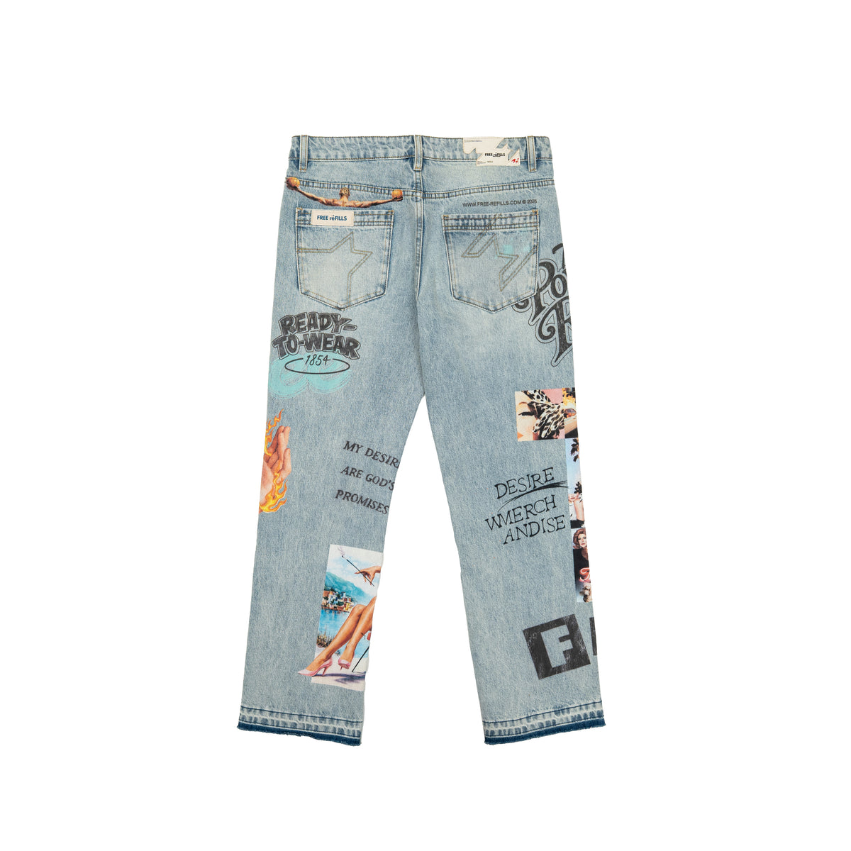 The Powder Room Jeans – Blue – Back flat lay showing stitched patch pockets, lettering and collage graphics