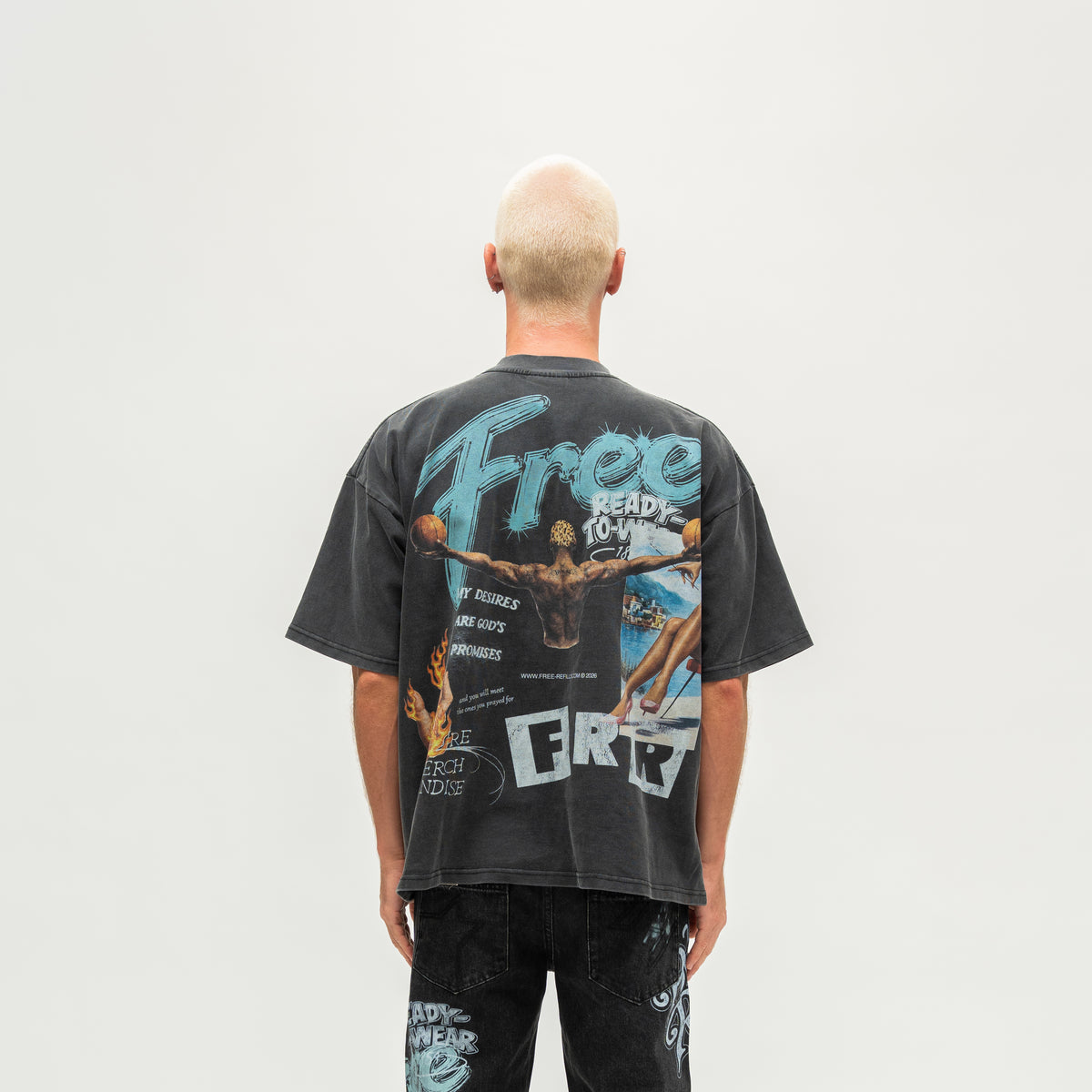 The Powder Room Tee – Black – Back view on model showing blue Free lettering and basketball player graphic