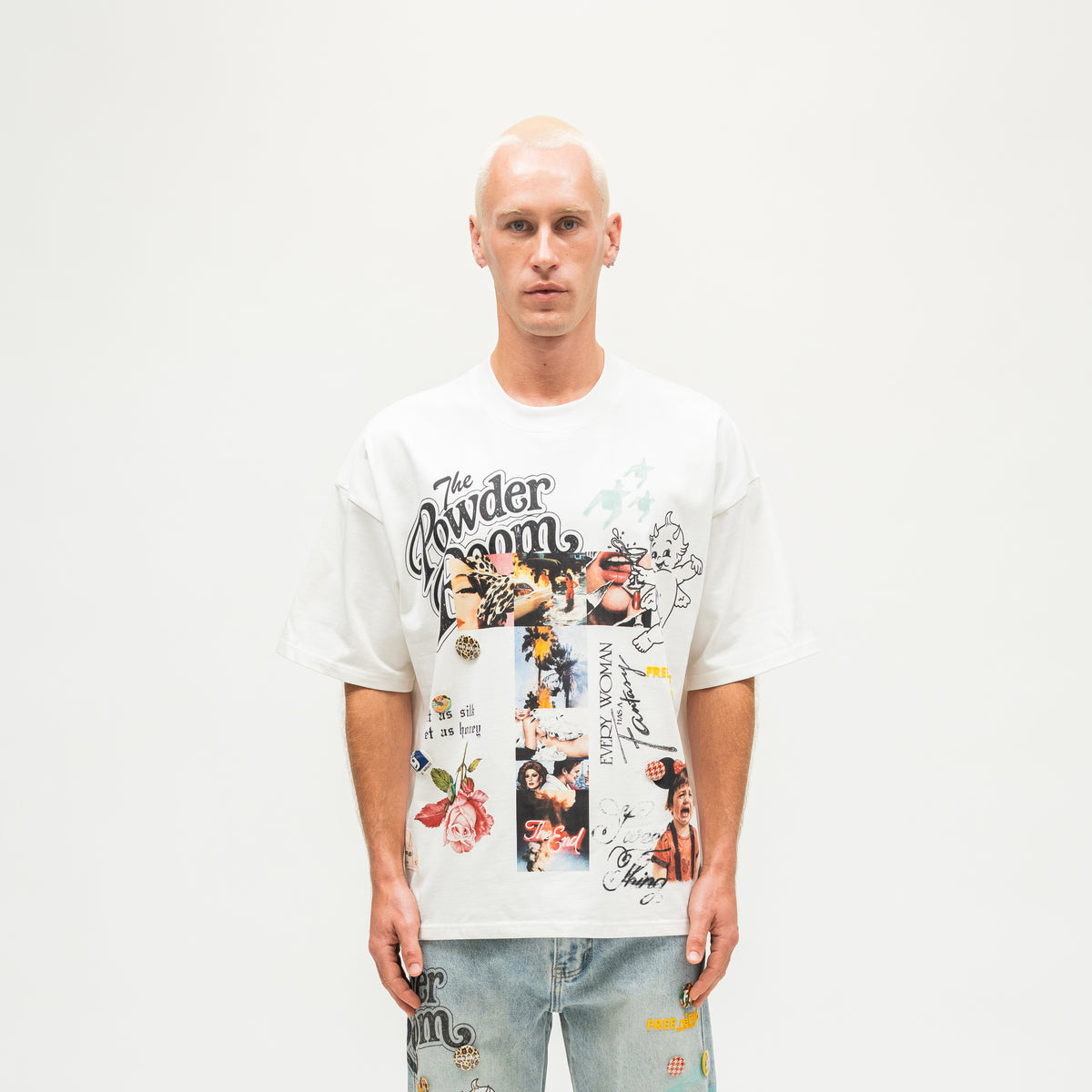 The Powder Room Tee – Cream – Model wearing the oversized graphic tee, front view