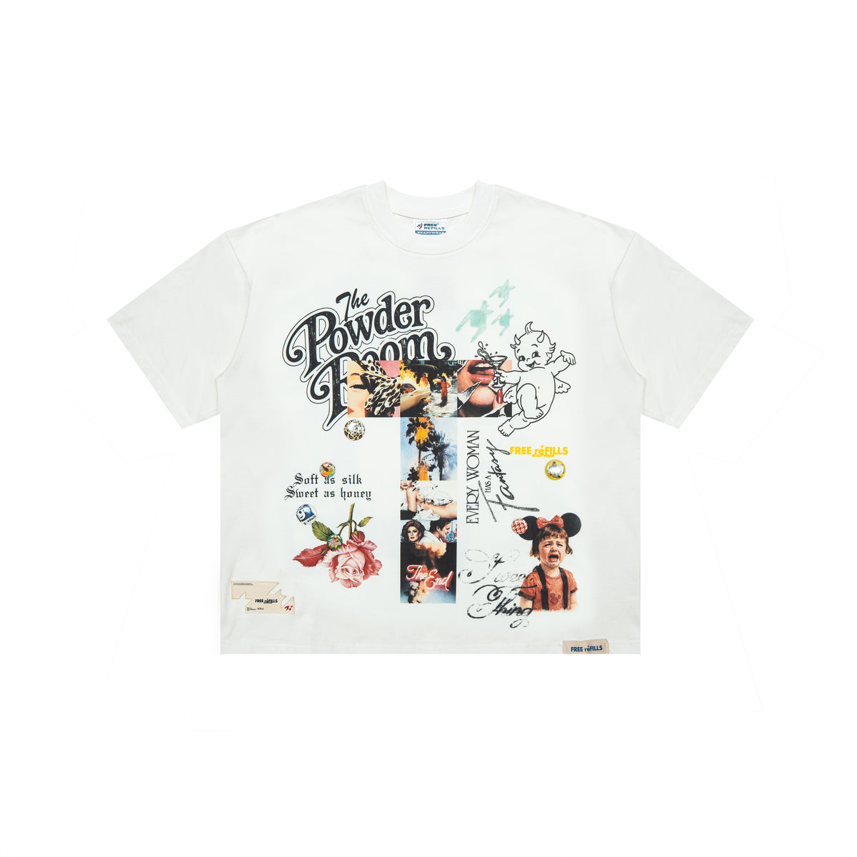 The Powder Room Tee – Cream – Flat lay front view showing The Powder Room lettering and collage graphics