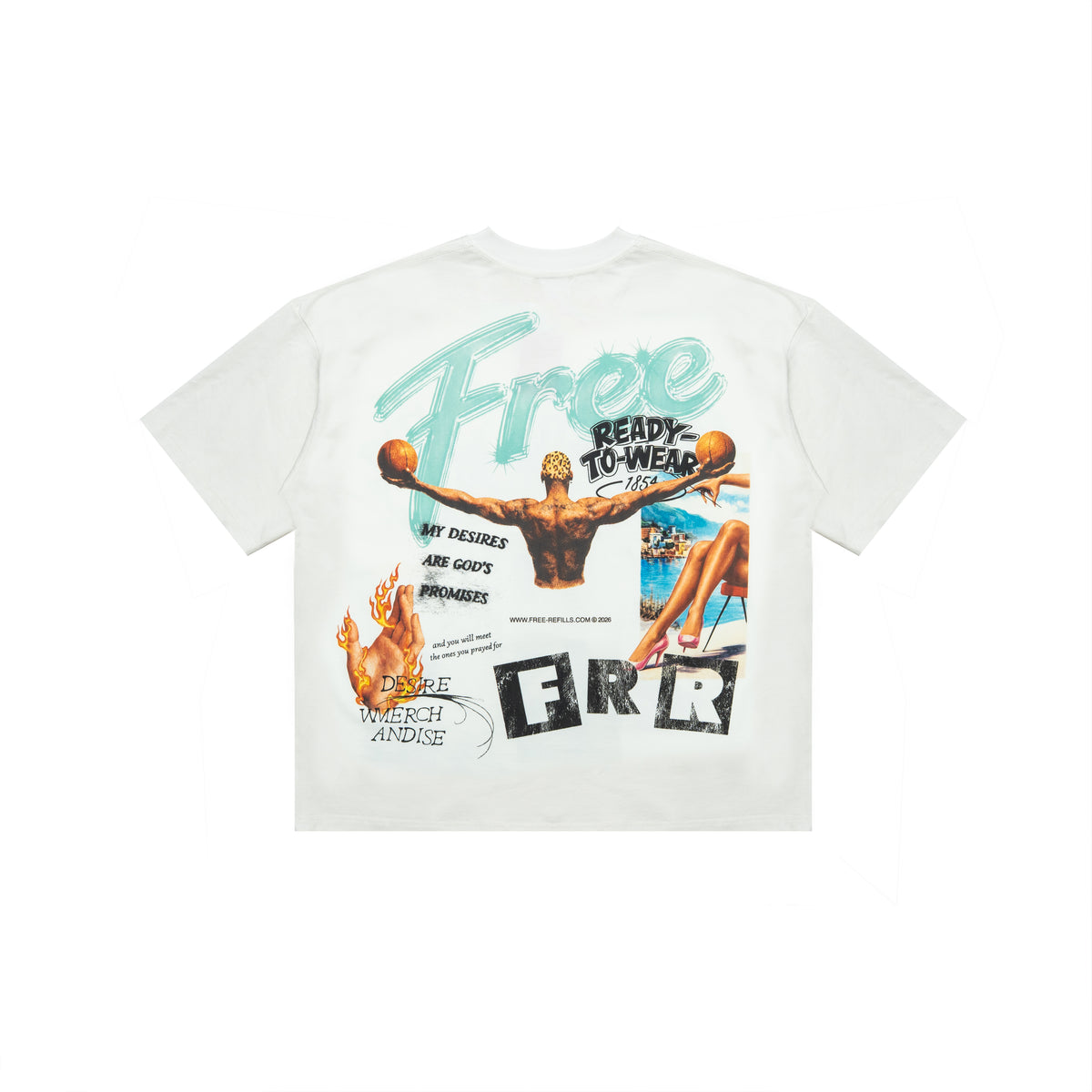 The Powder Room Tee – Cream – Flat lay back view showing mint lettering and colorful collage artwork