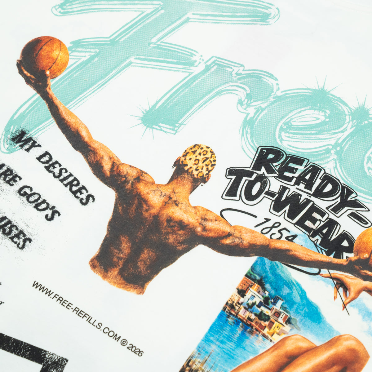 The Powder Room Tee – Cream – Close-up of back collage featuring a basketball player and mint lettering