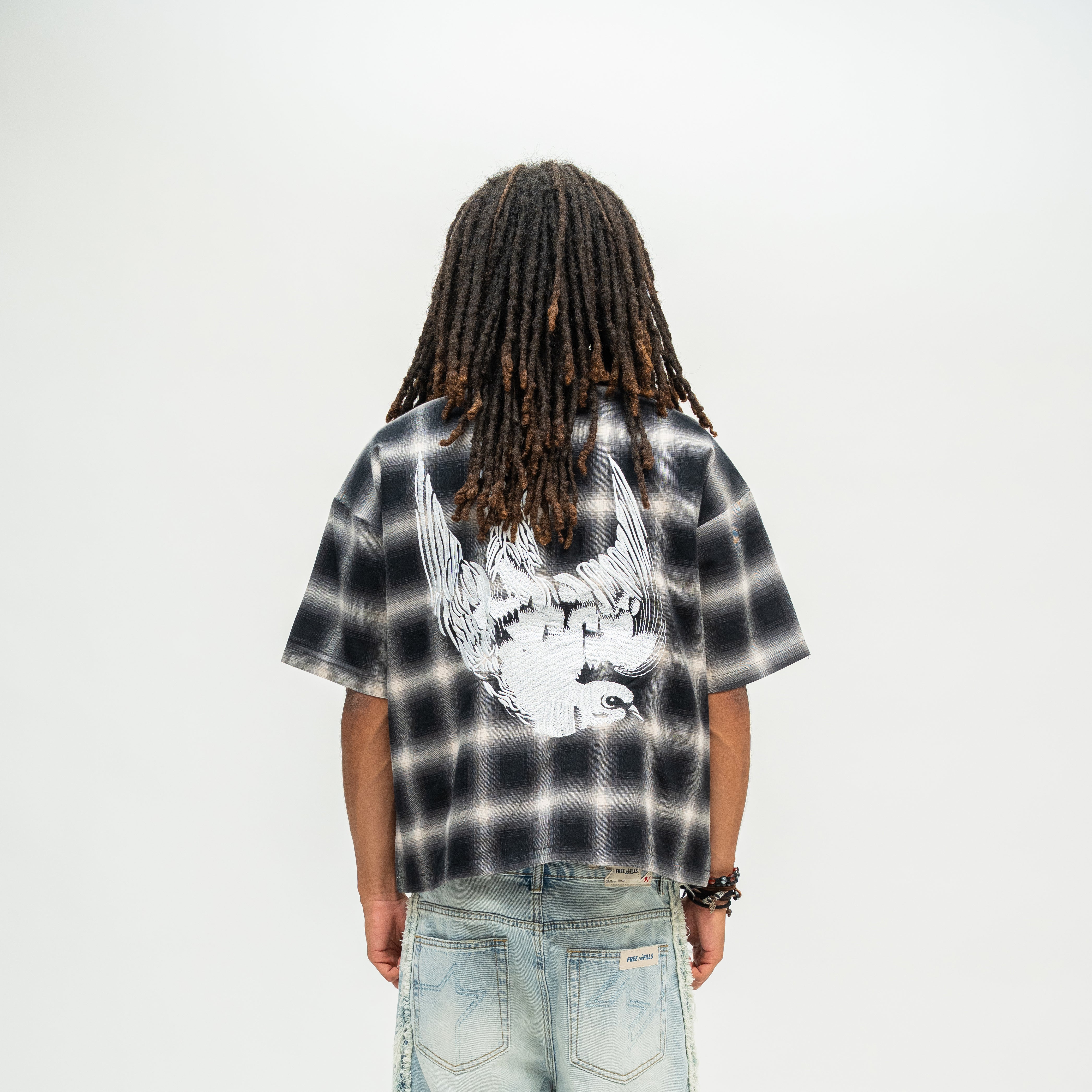 FR Studded Shadow Plaid Zip Shirt - Black