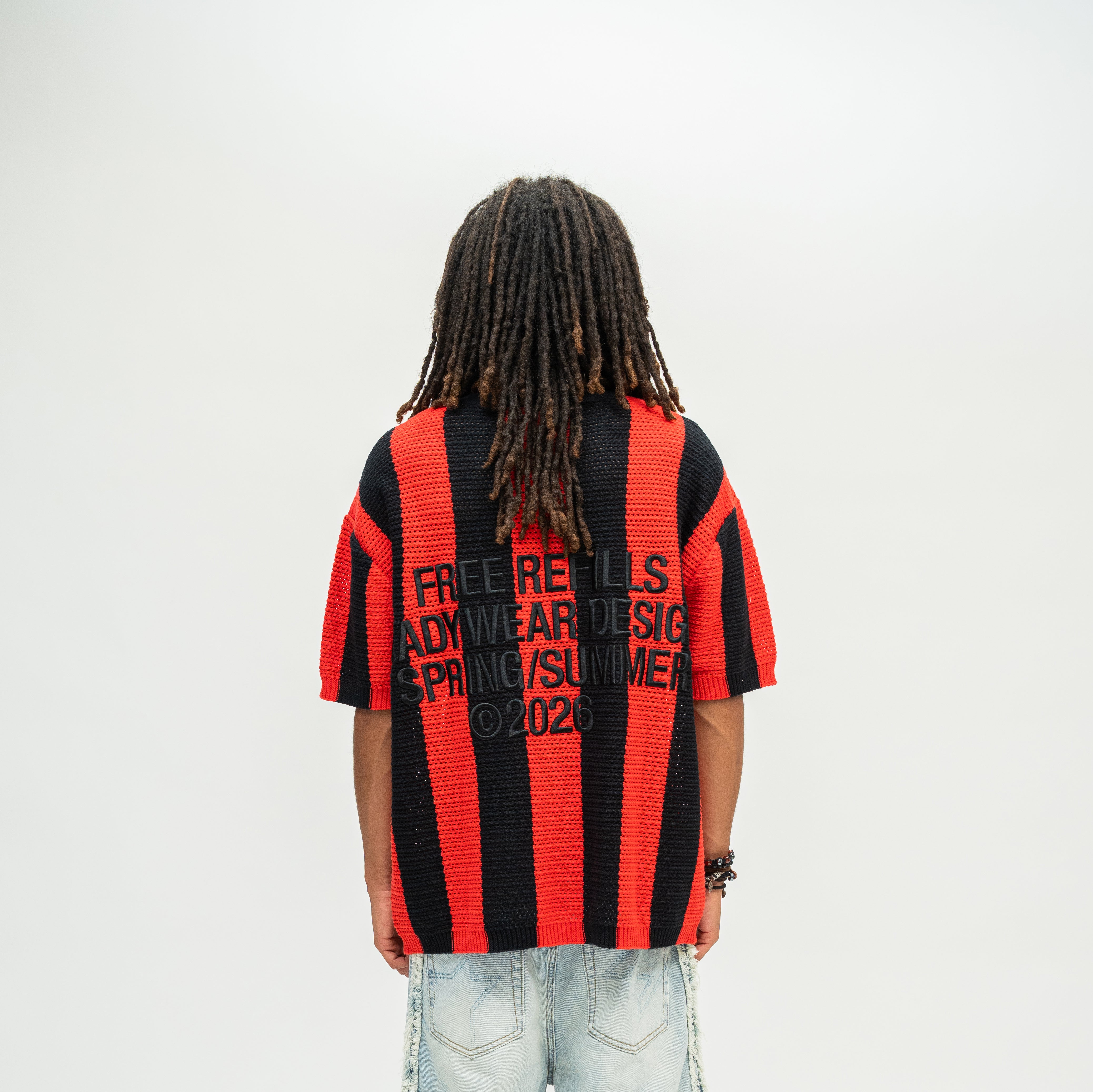 Striped Crochet Knit Jersey Shirt - Red