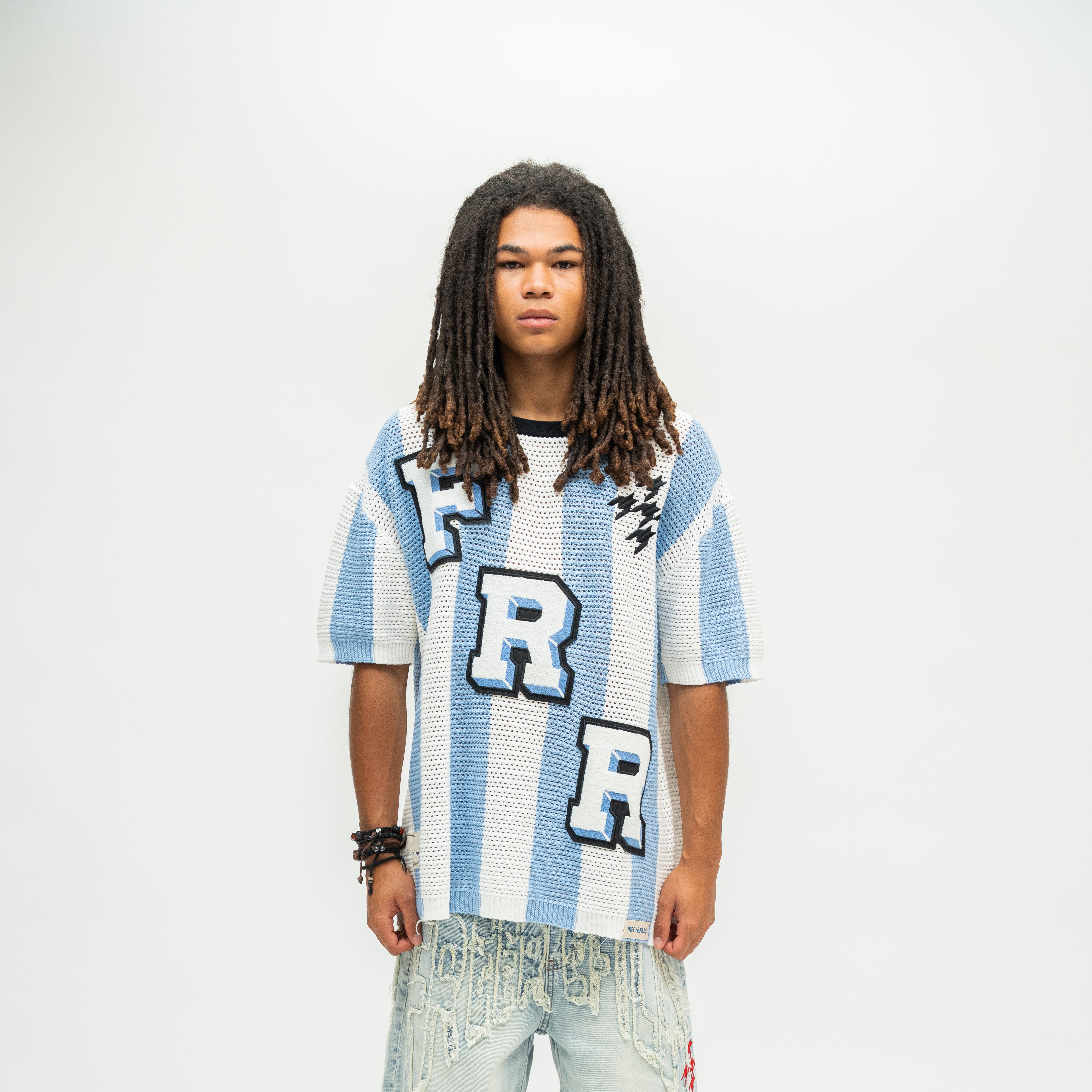 Striped Crochet Knit Jersey Shirt - Blue